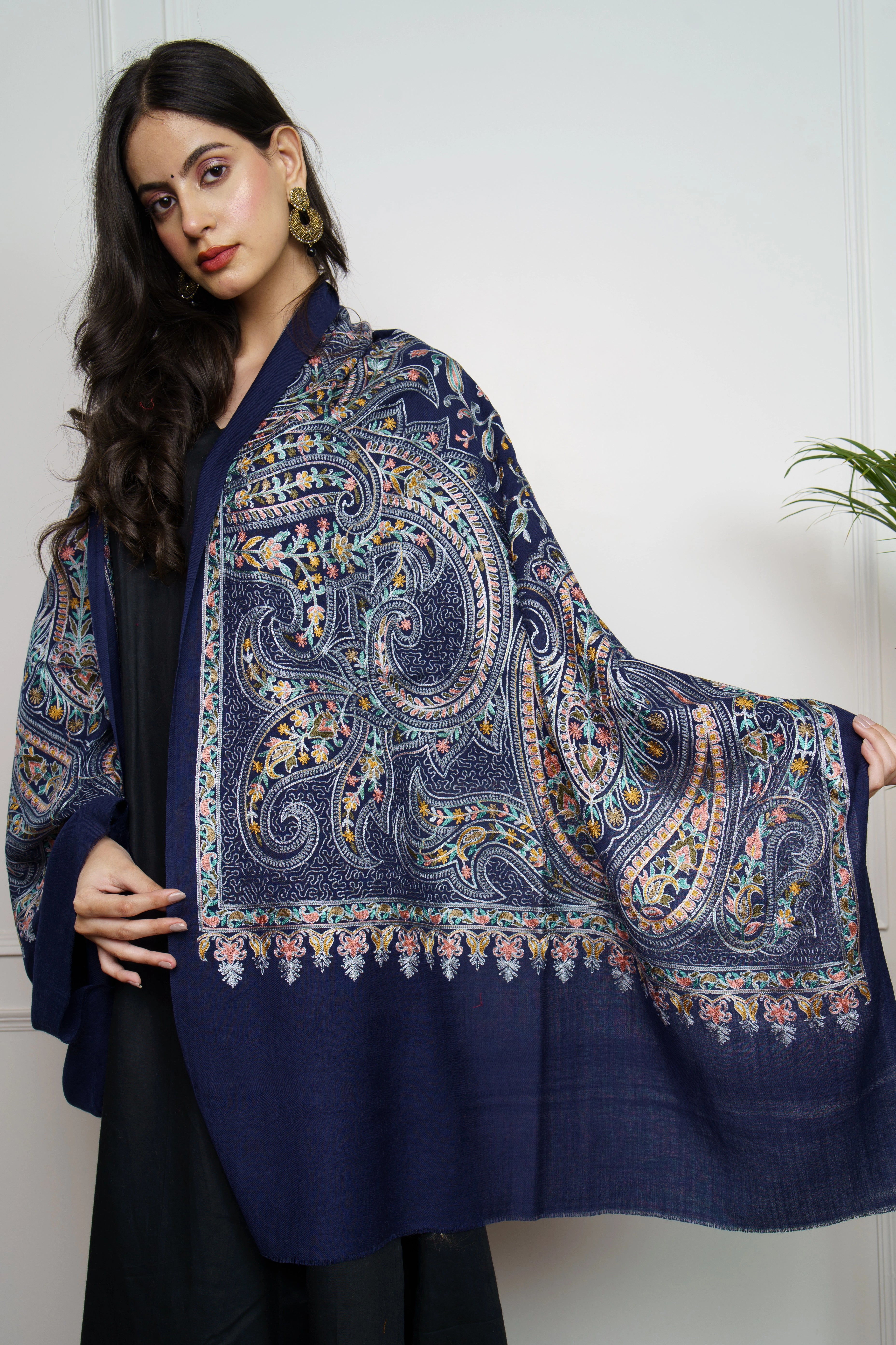 Navy Allover Ambi Jaal Nalki embroidery Fine Wool Blend Stole
