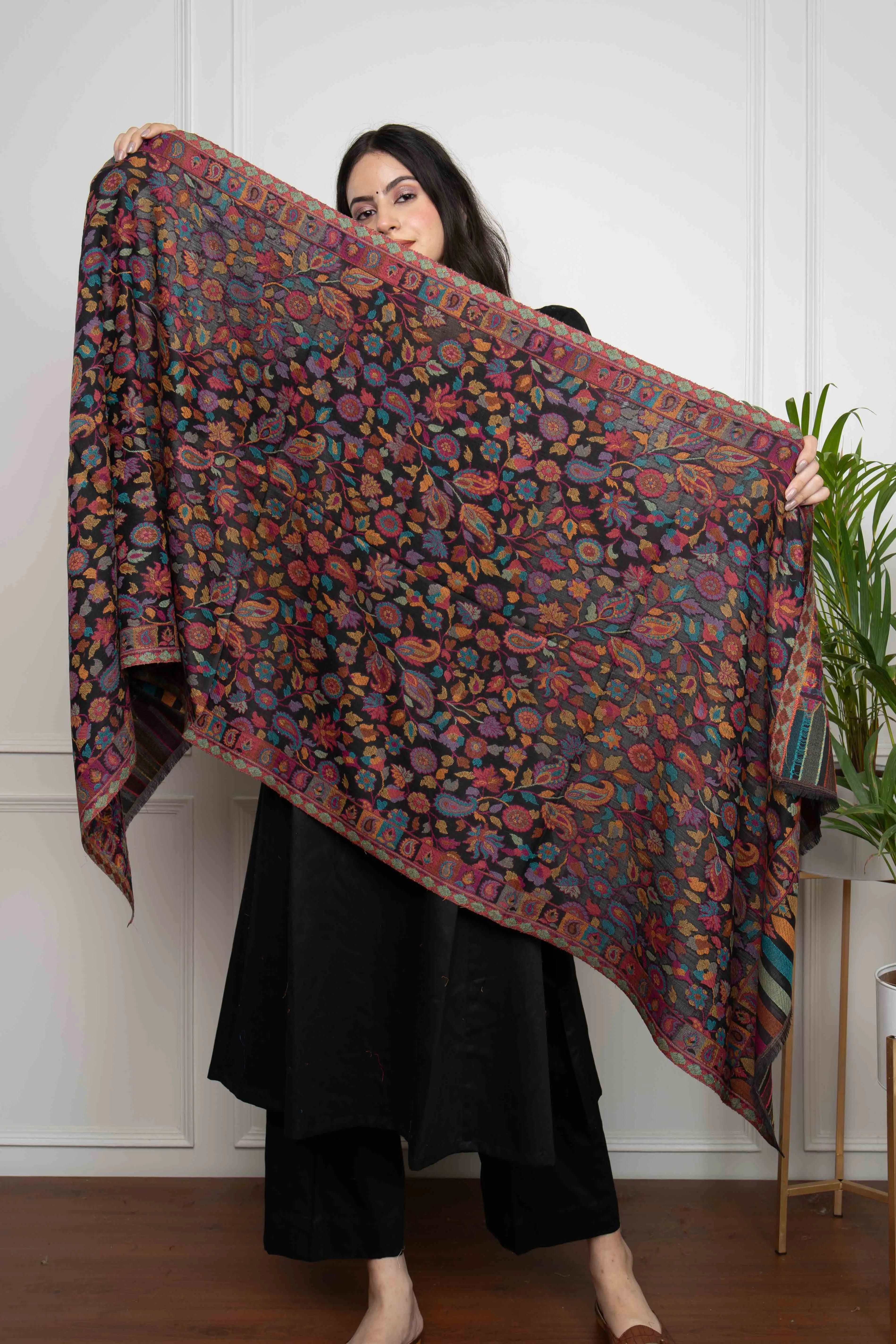 Black Kani Large Floral Fine Wool Silk Blend Stole/Scarf