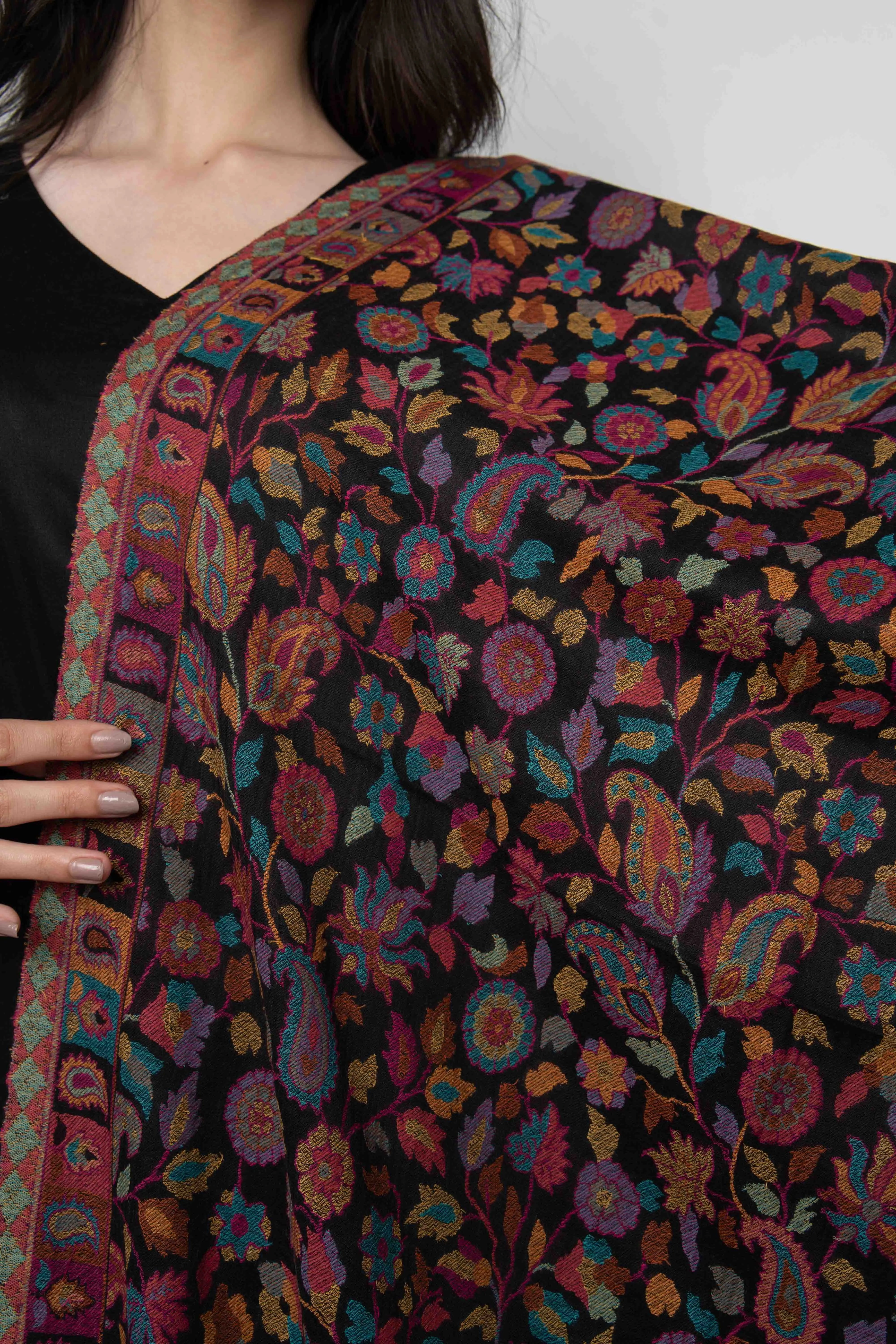 Black Kani Large Floral Fine Wool Silk Blend Stole/Scarf