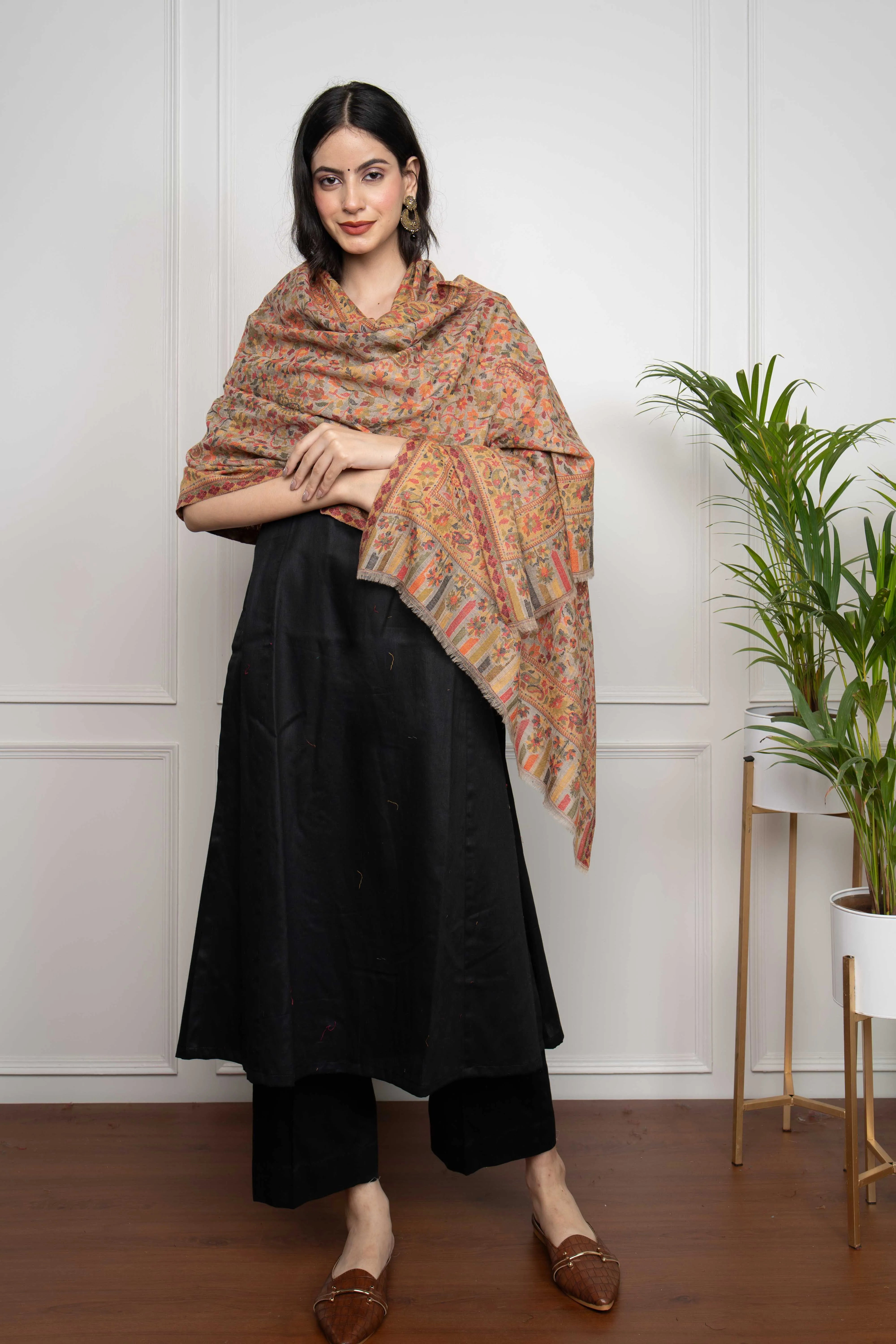 Tooshi Kani Floral Fine Wool Silk Blend Stole/Scarf