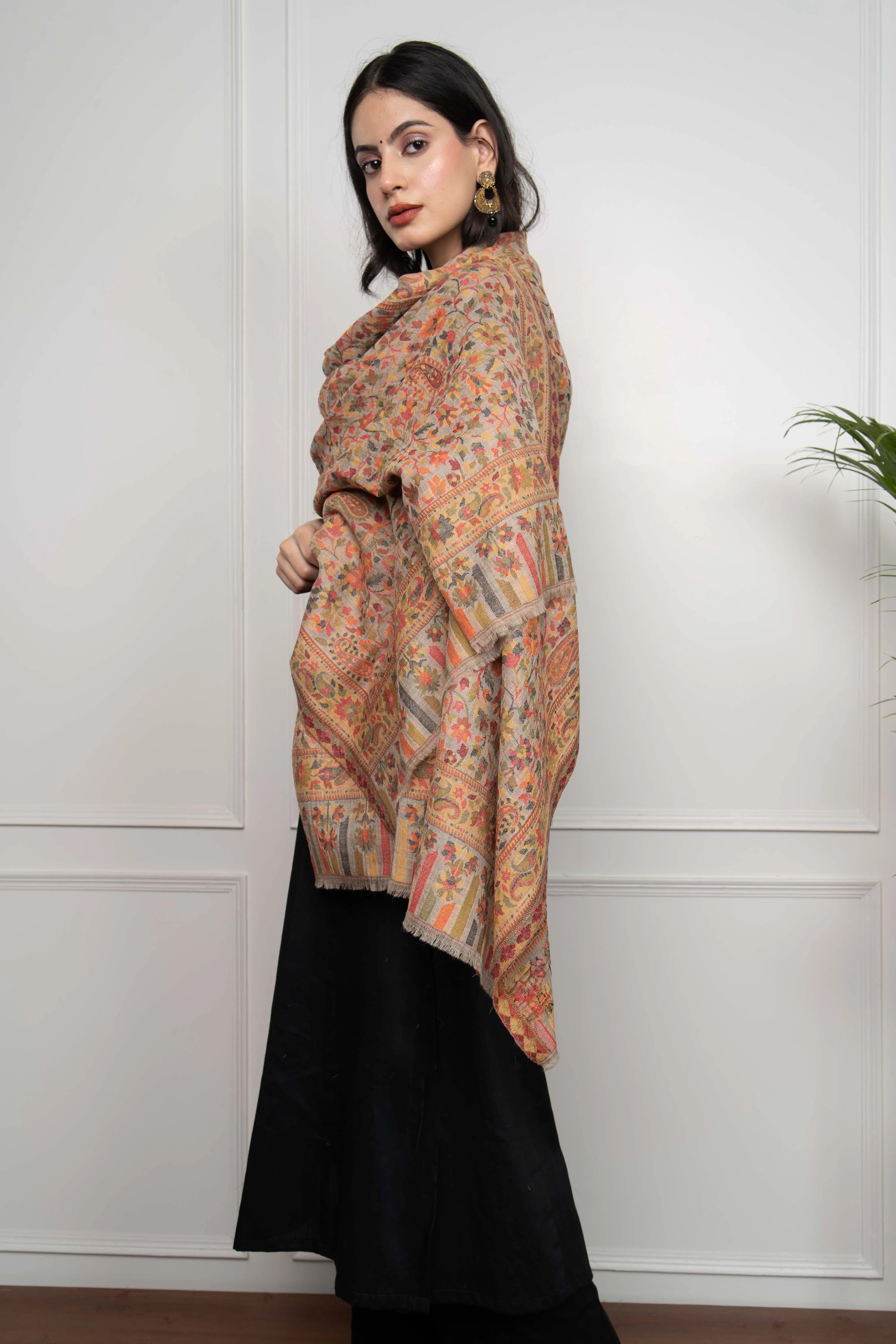 Tooshi Kani Floral Fine Wool Silk Blend Stole/Scarf