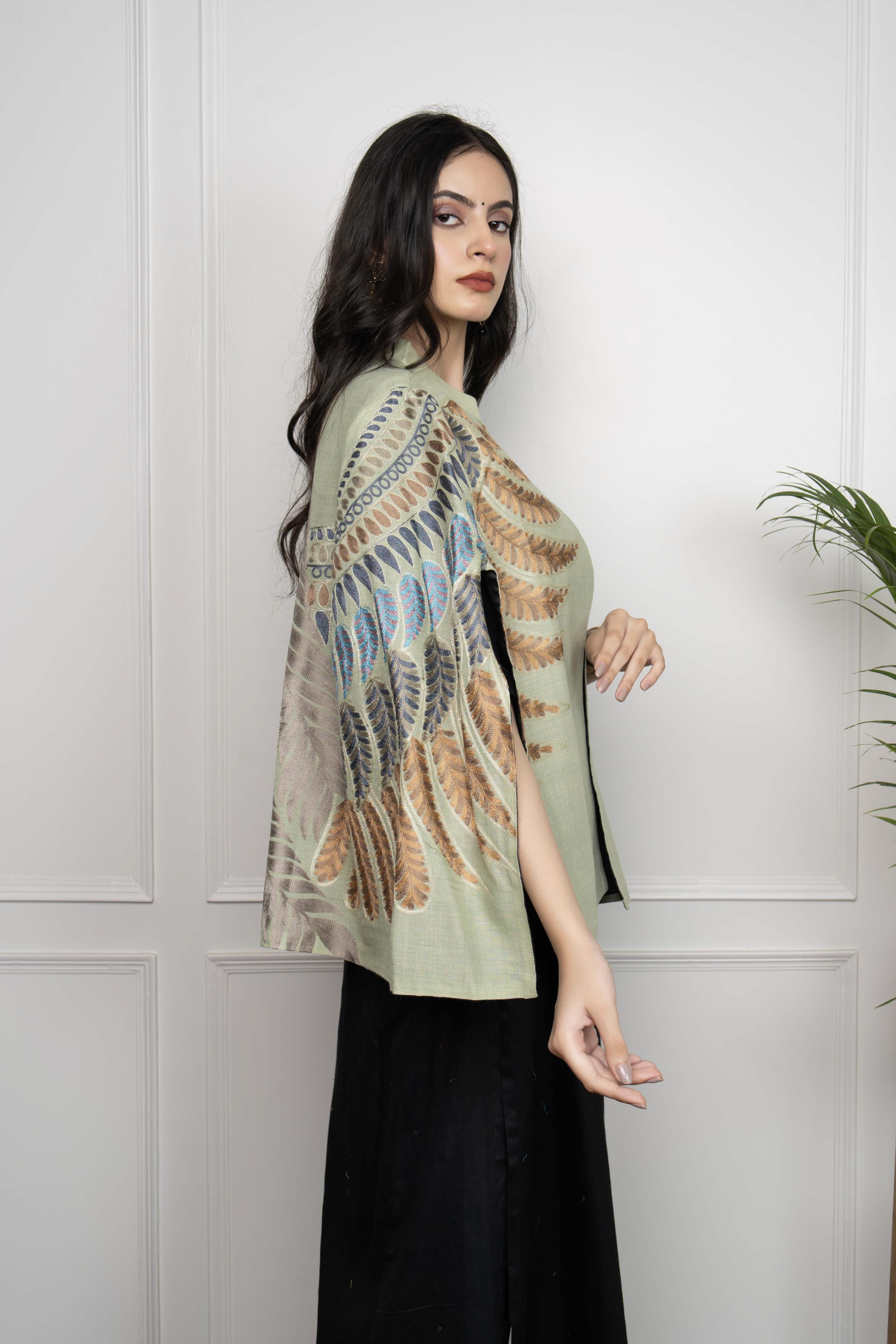 Pista Wing Motif with Feathers Nalki embroidery Fine Wool Blend Cape ( FREE SIZE)
