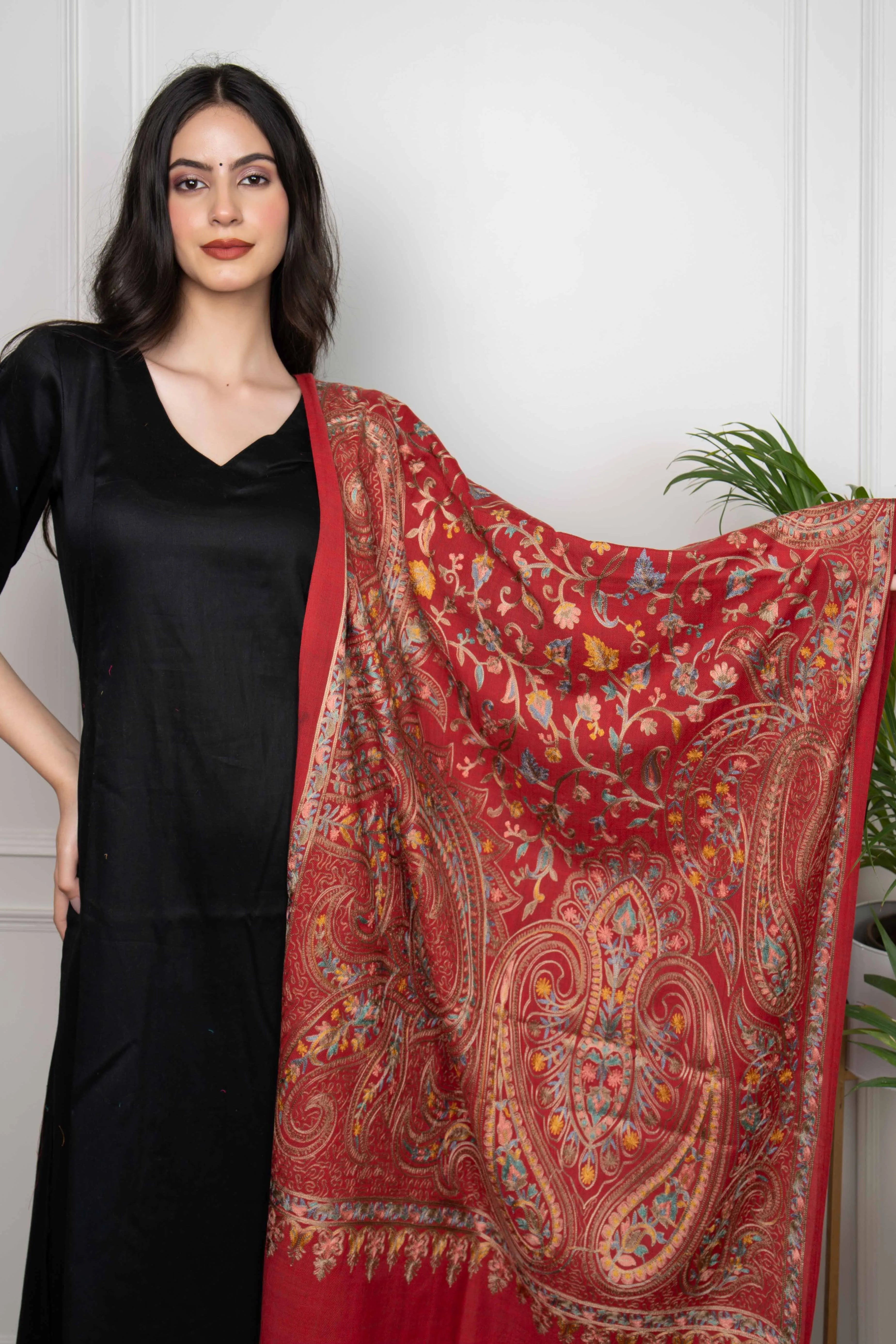 Red Allover Ambi Jaal Nalki embroidery Fine Wool Blend Stole