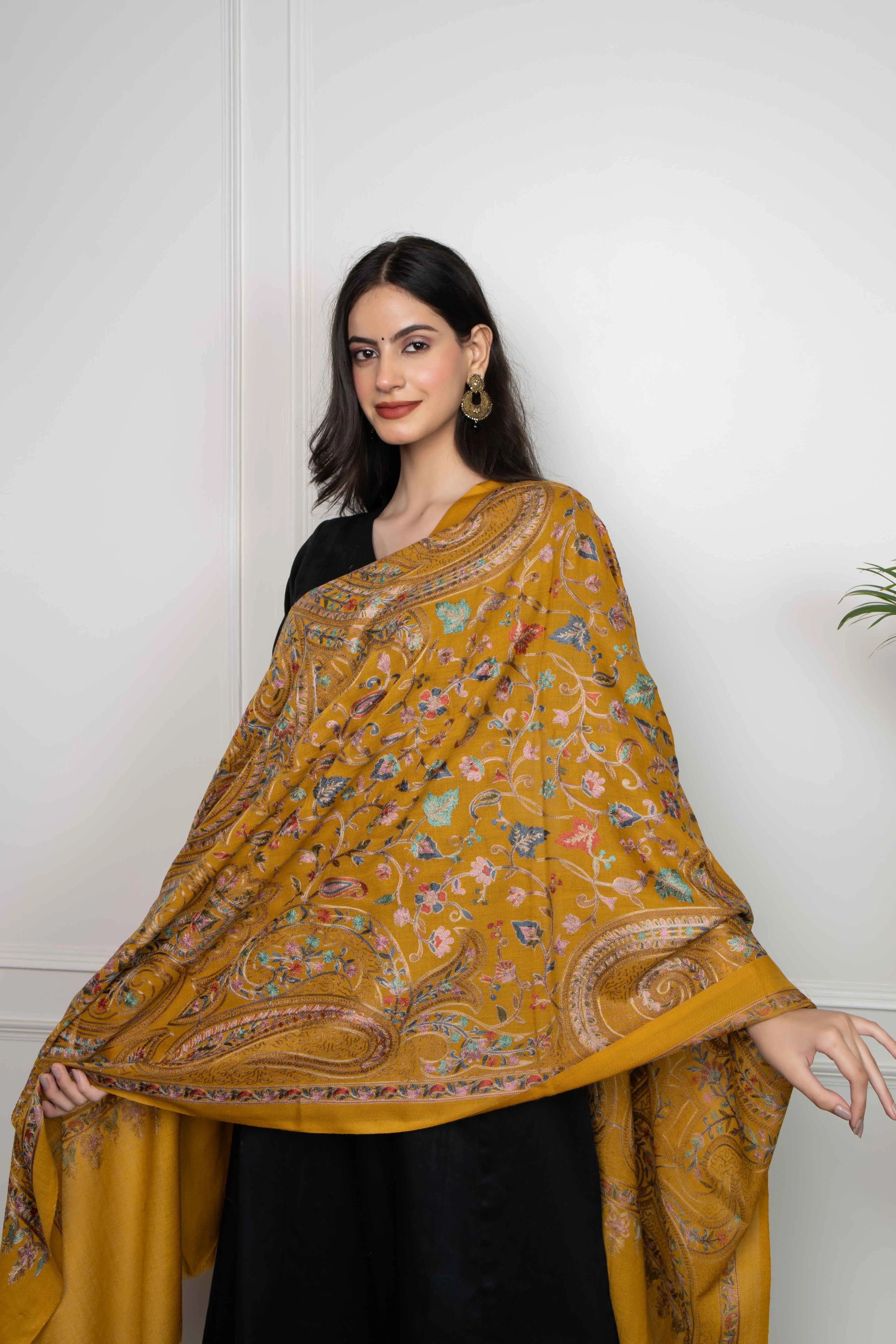Mustard Allover Ambi Jaal Nalki embroidery Fine Wool Blend Stole