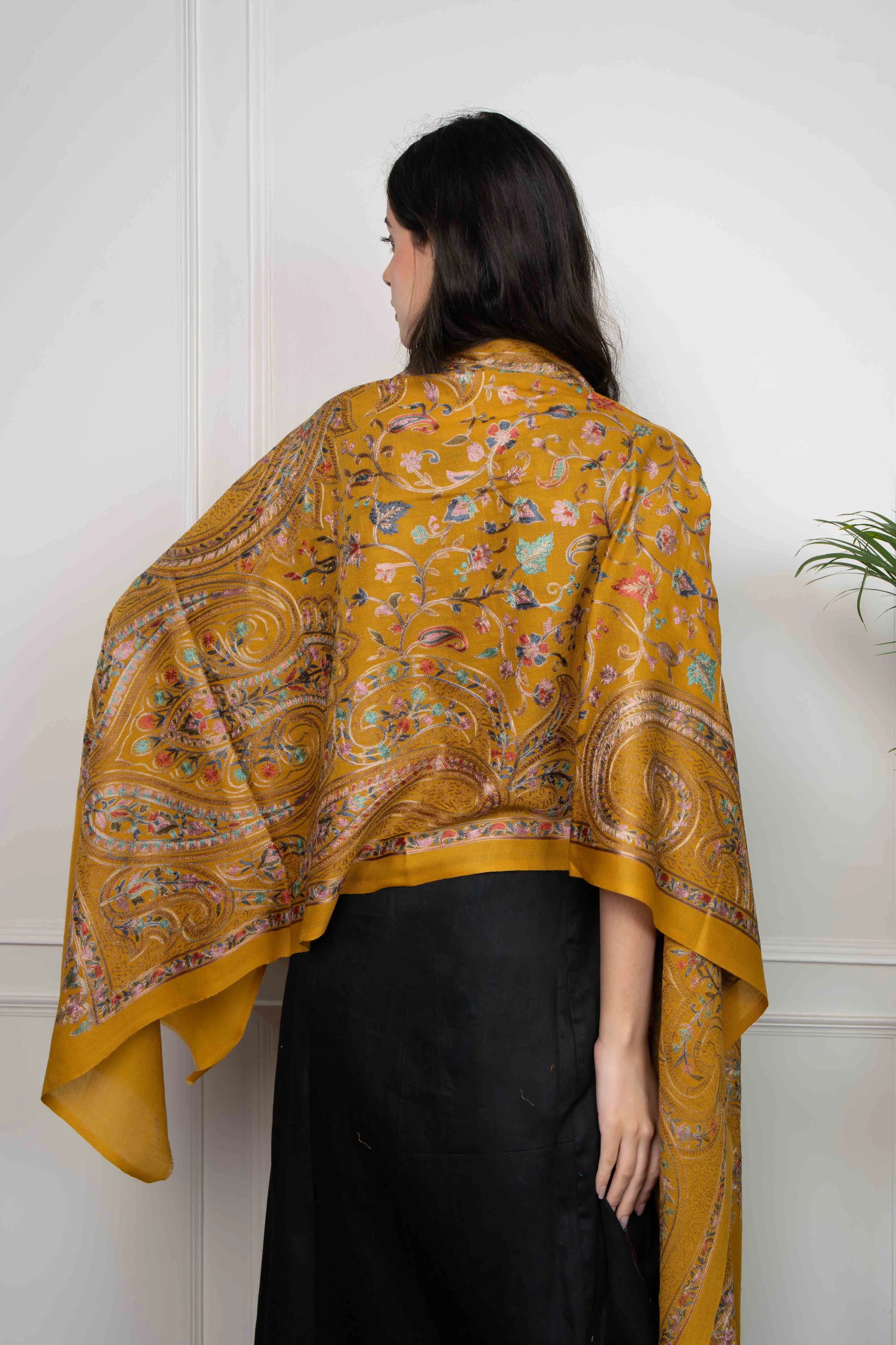 Mustard Allover Ambi Jaal Nalki embroidery Fine Wool Blend Stole