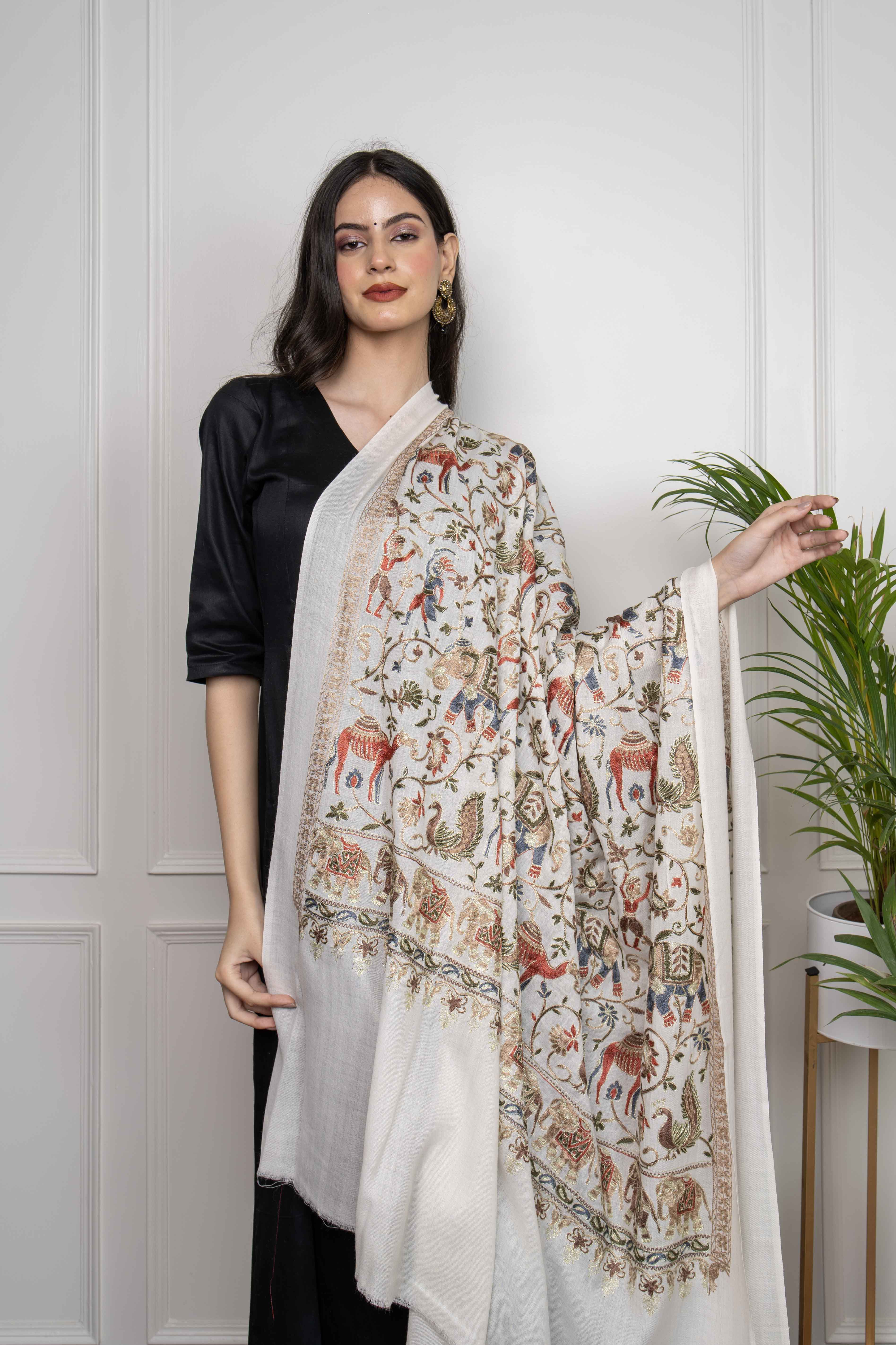 White Elephant and Peacock Motifs Jaal Nalki embroidery Fine Wool Blend Shawl.