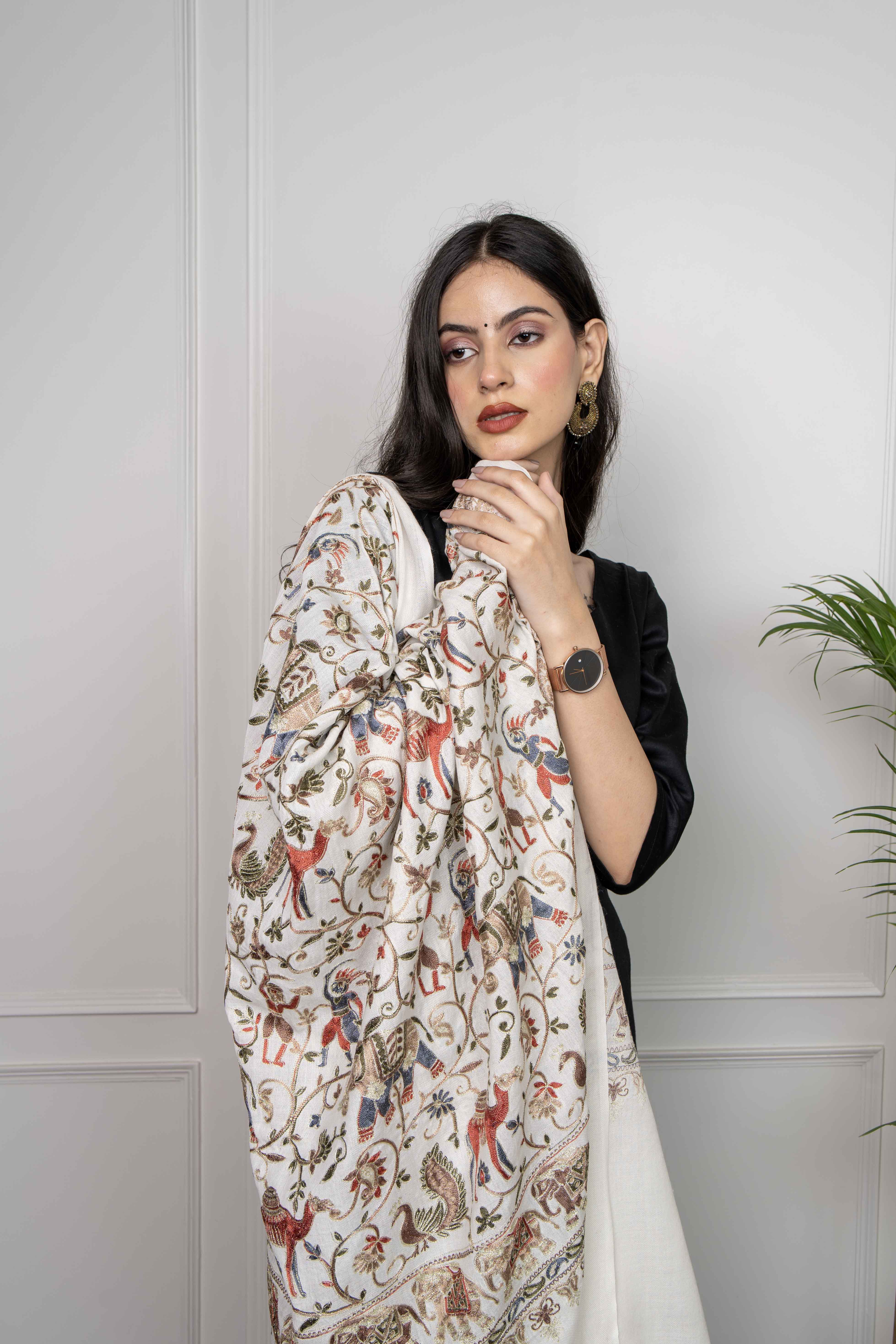 White Elephant and Peacock Motifs Jaal Nalki embroidery Fine Wool Blend Shawl.