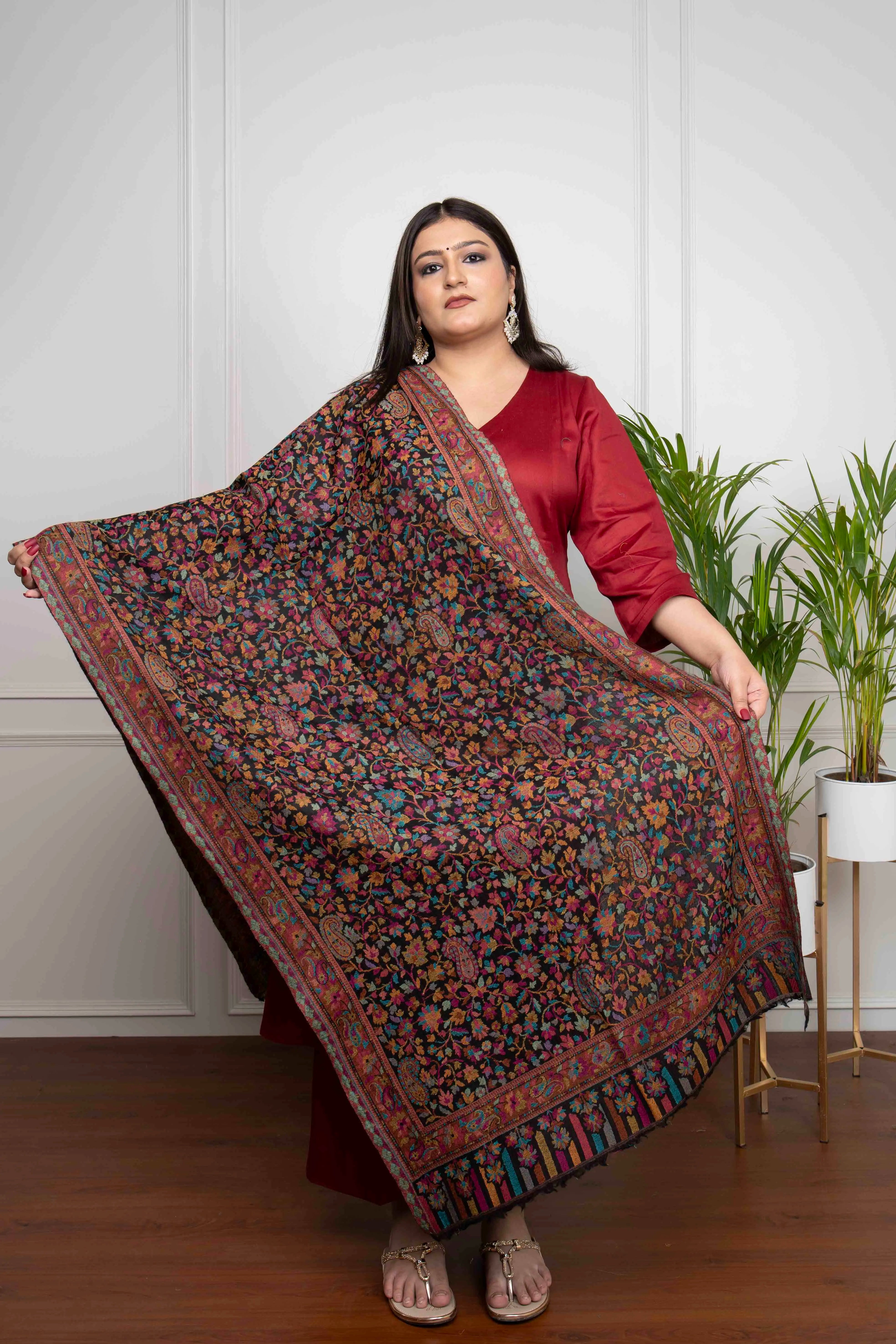 Black Kani Floral Wool Silk Blend Stole