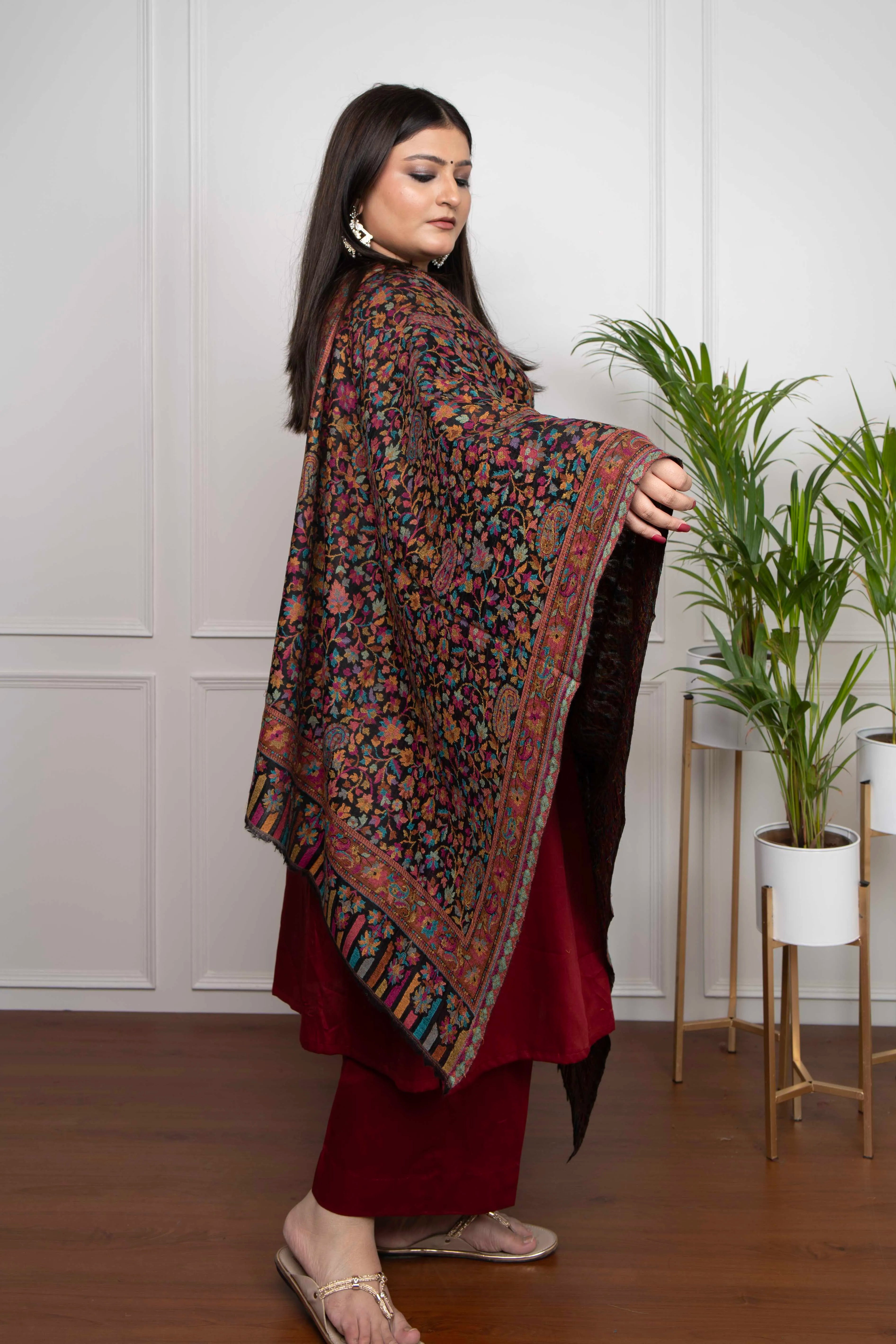 Black Kani Floral Wool Silk Blend Stole