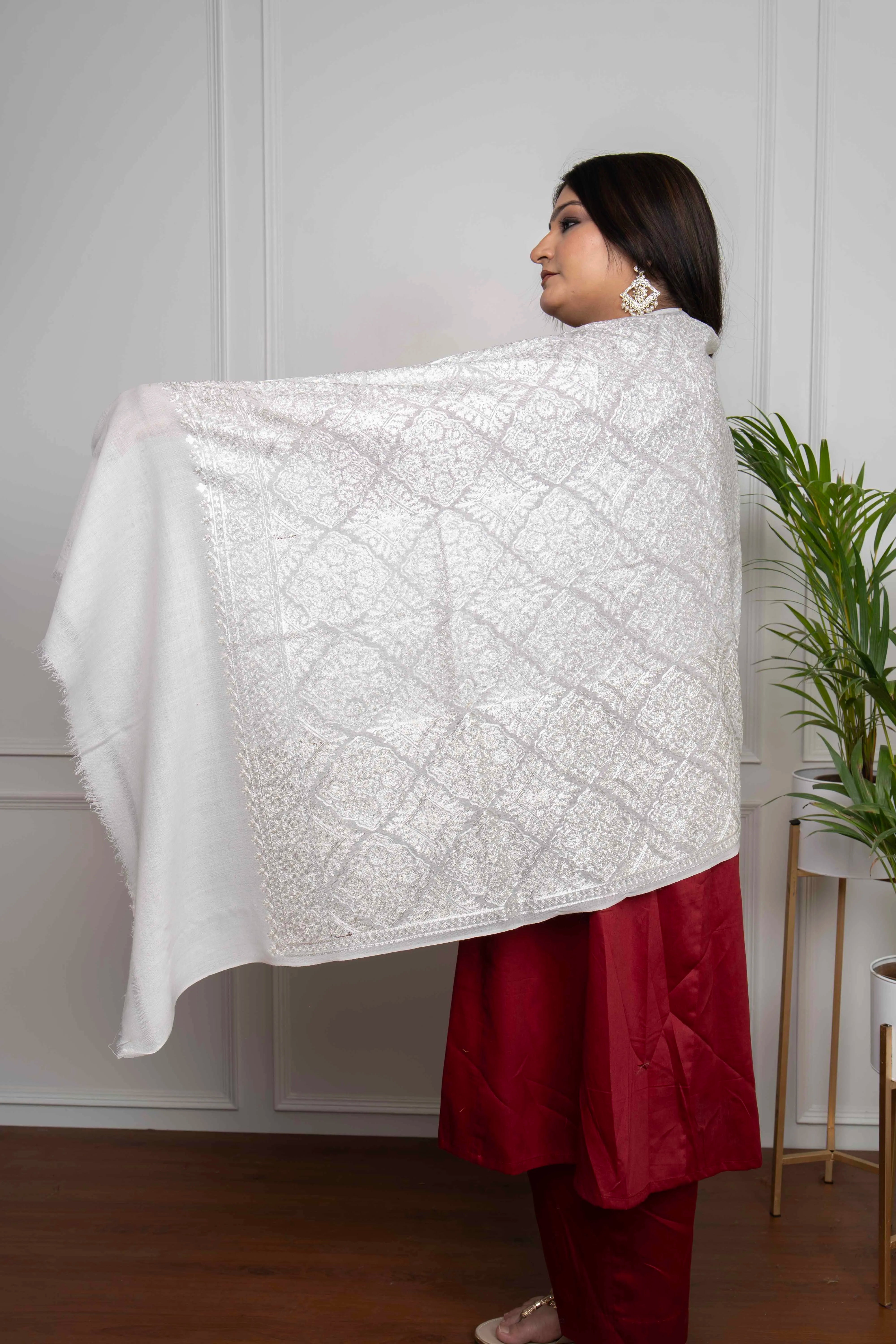 White Self Barfi Nalki embroidery Fine Wool Blend Stole