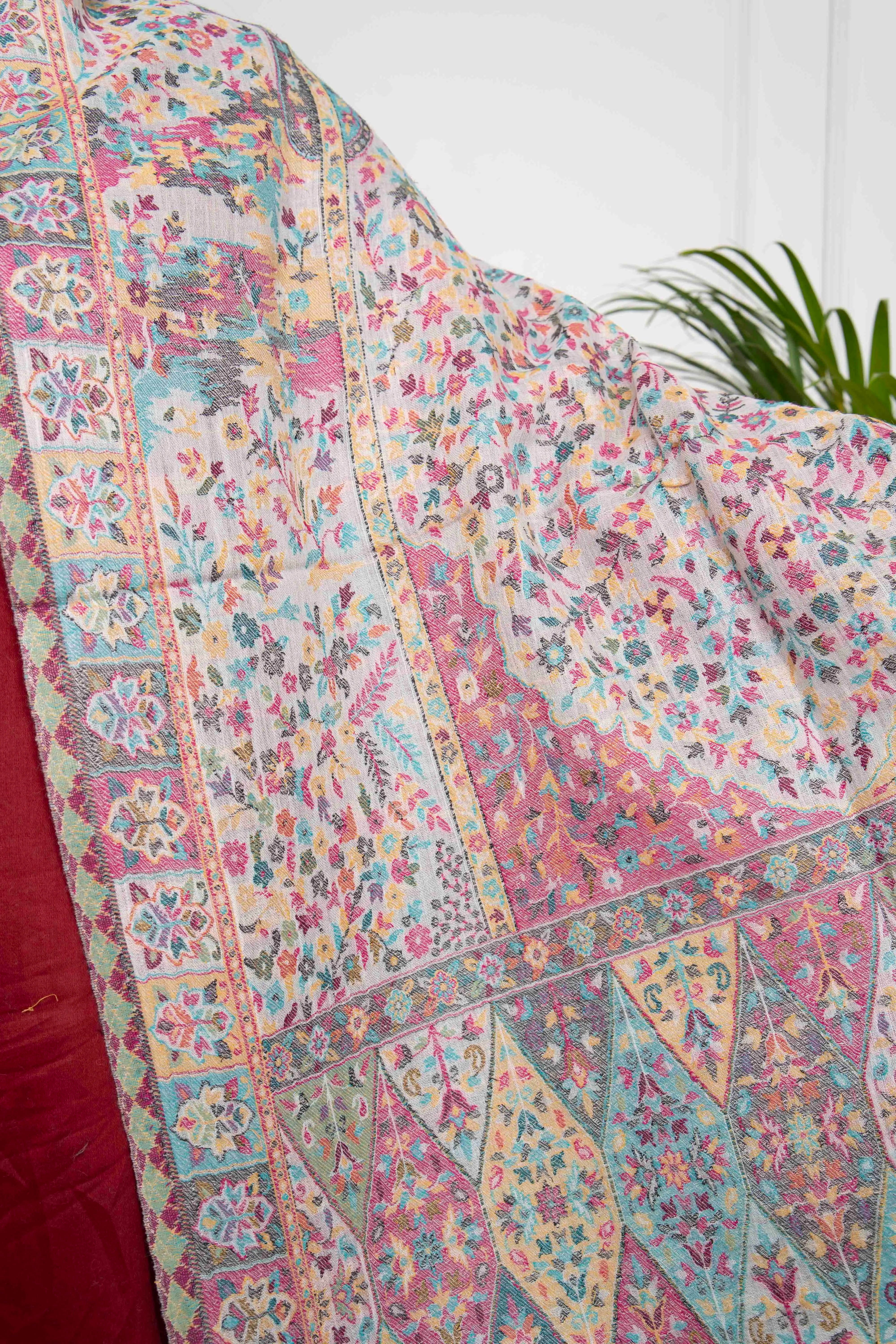 White Kani Multi Floral Fine Wool Silk Blend Stole/Scarf