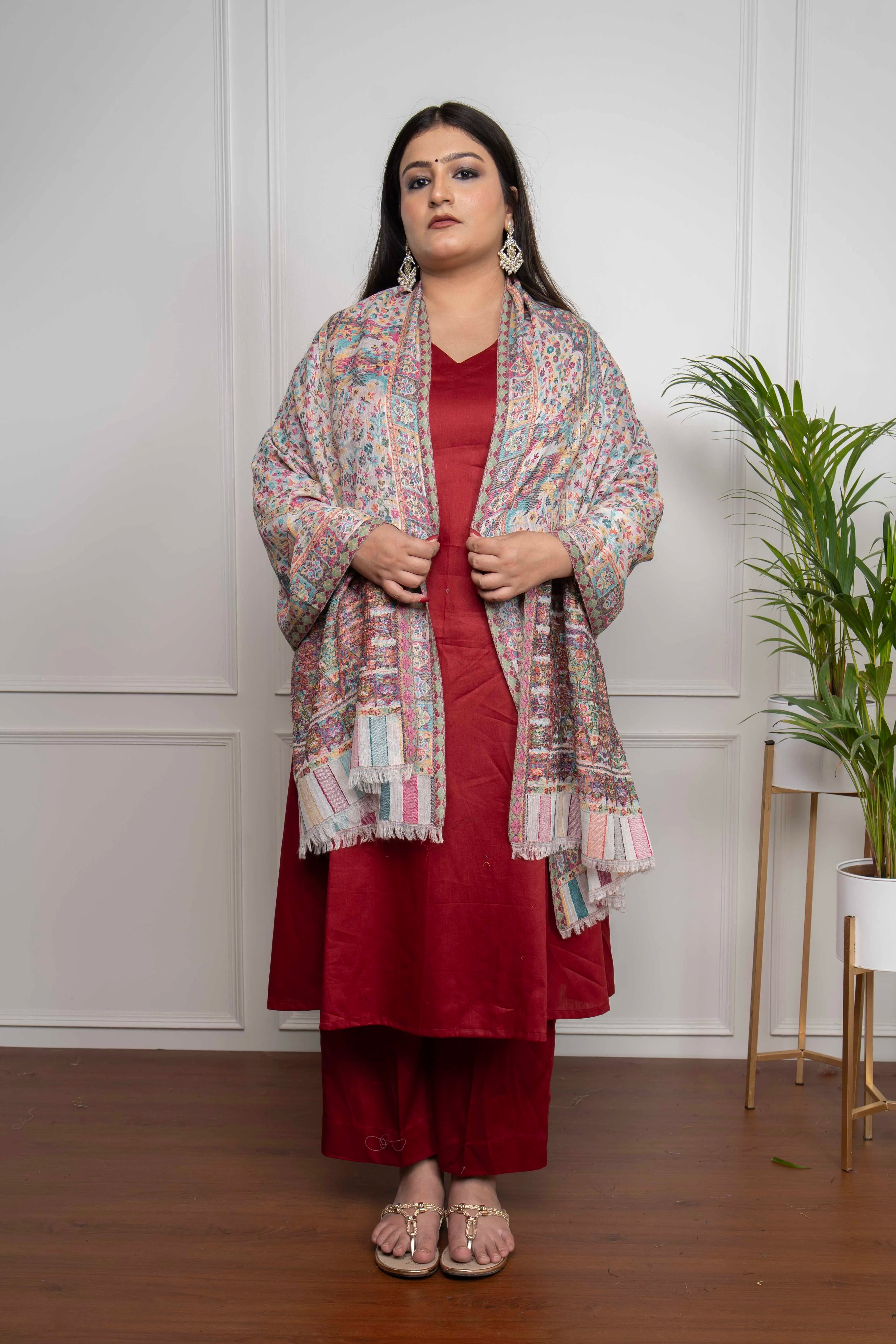 White Kani Multi Floral Fine Wool Silk Blend Stole/Scarf