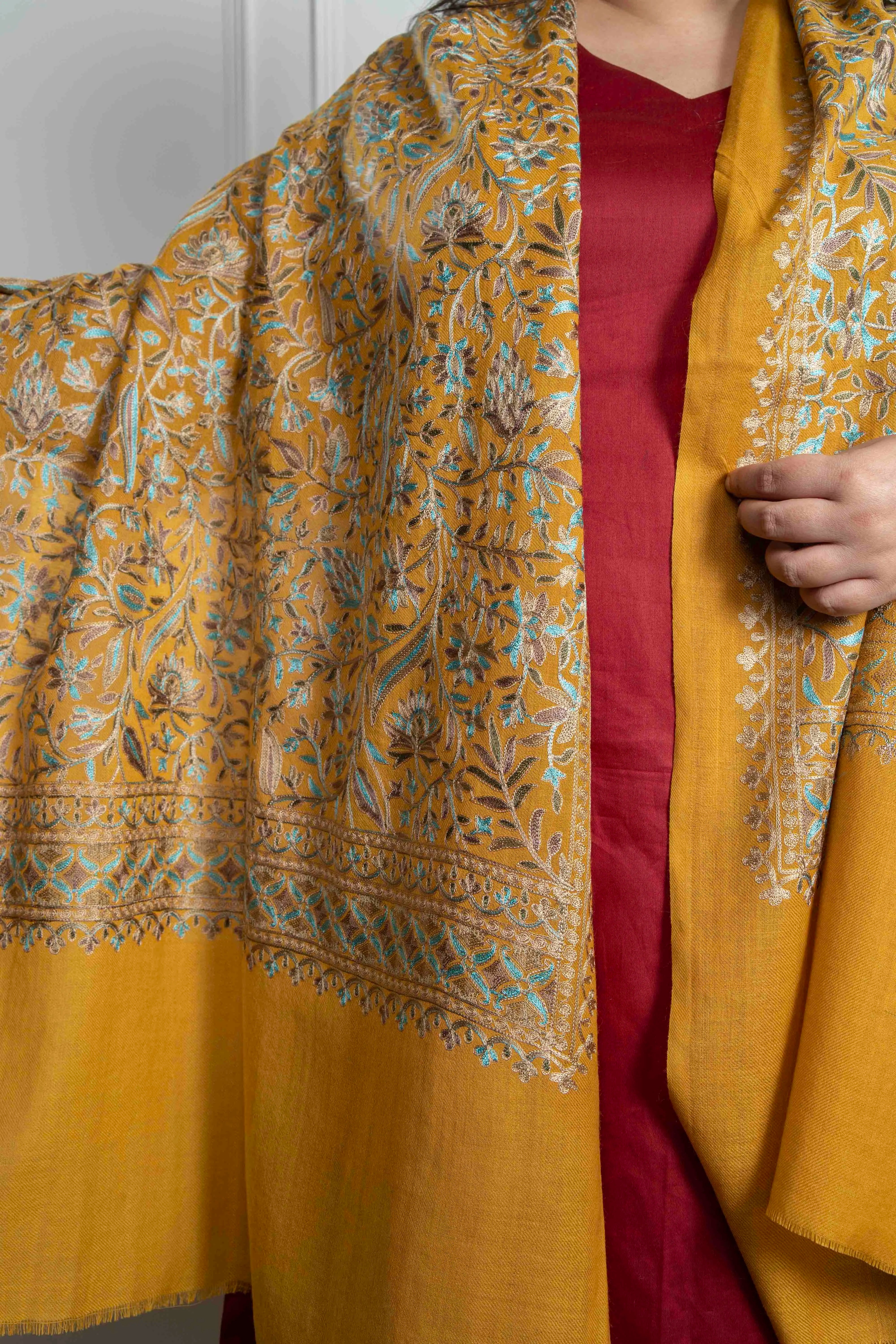 Mustard Floral Leaf Jaal Nalki embroidery Fine Wool Blend Shawl