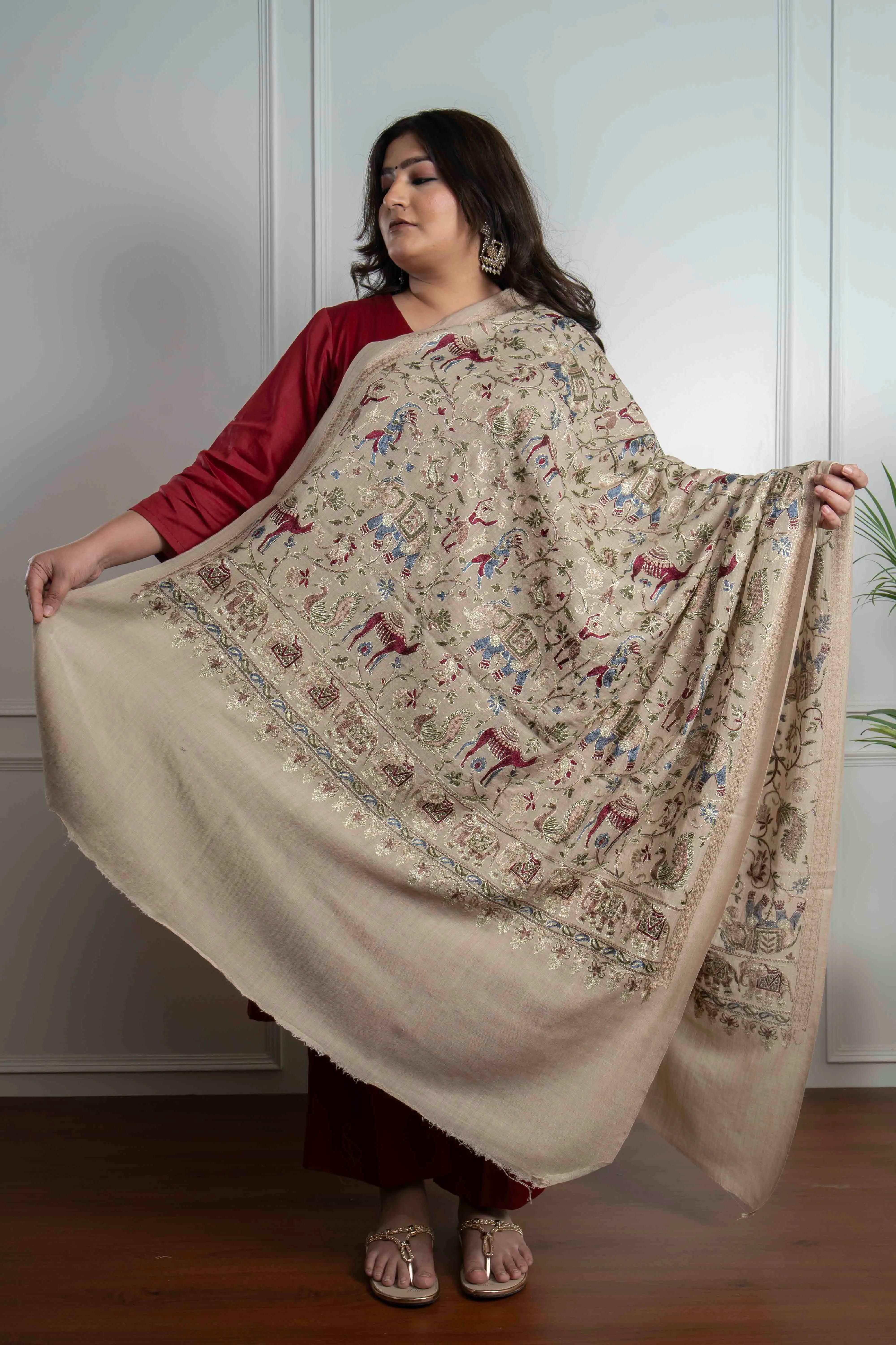 Tooshi Elephant and Peacock Motifs Jaal Nalki embroidery Fine Wool Blend Shawl