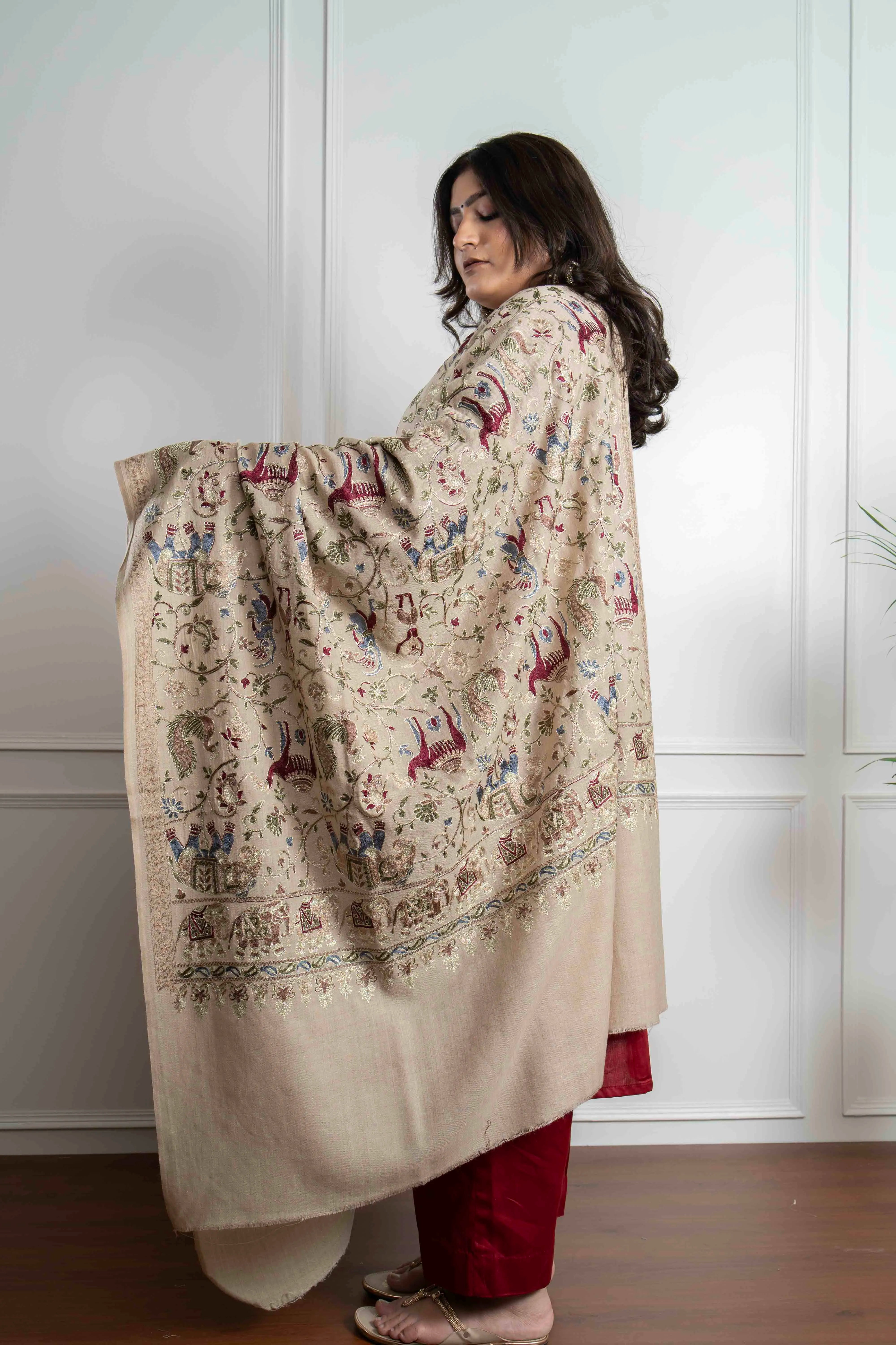 Tooshi Elephant and Peacock Motifs Jaal Nalki embroidery Fine Wool Blend Shawl