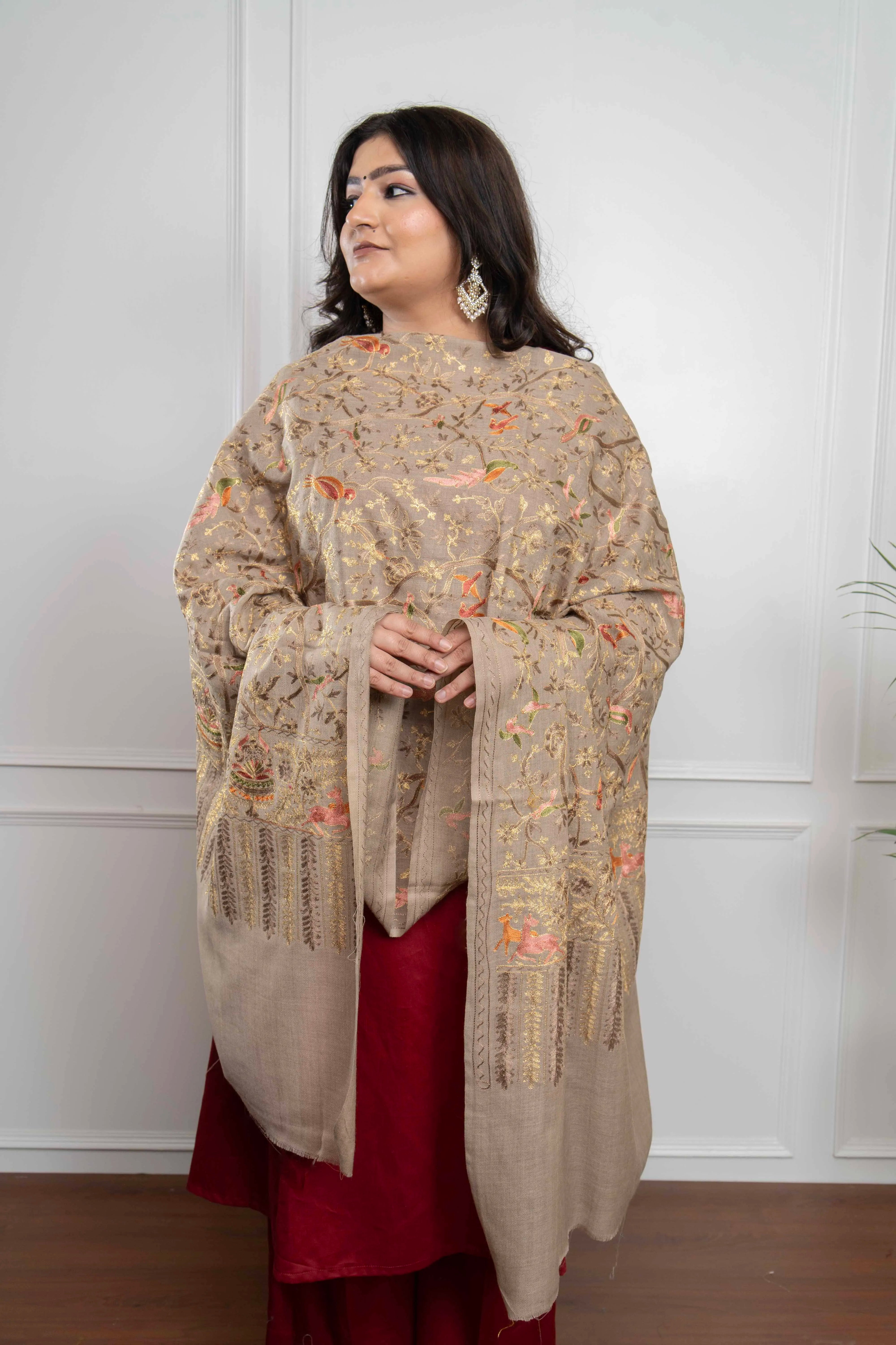 Tooshi Birds motif Jaal Nalki embroidery Fine Wool Blend Stole