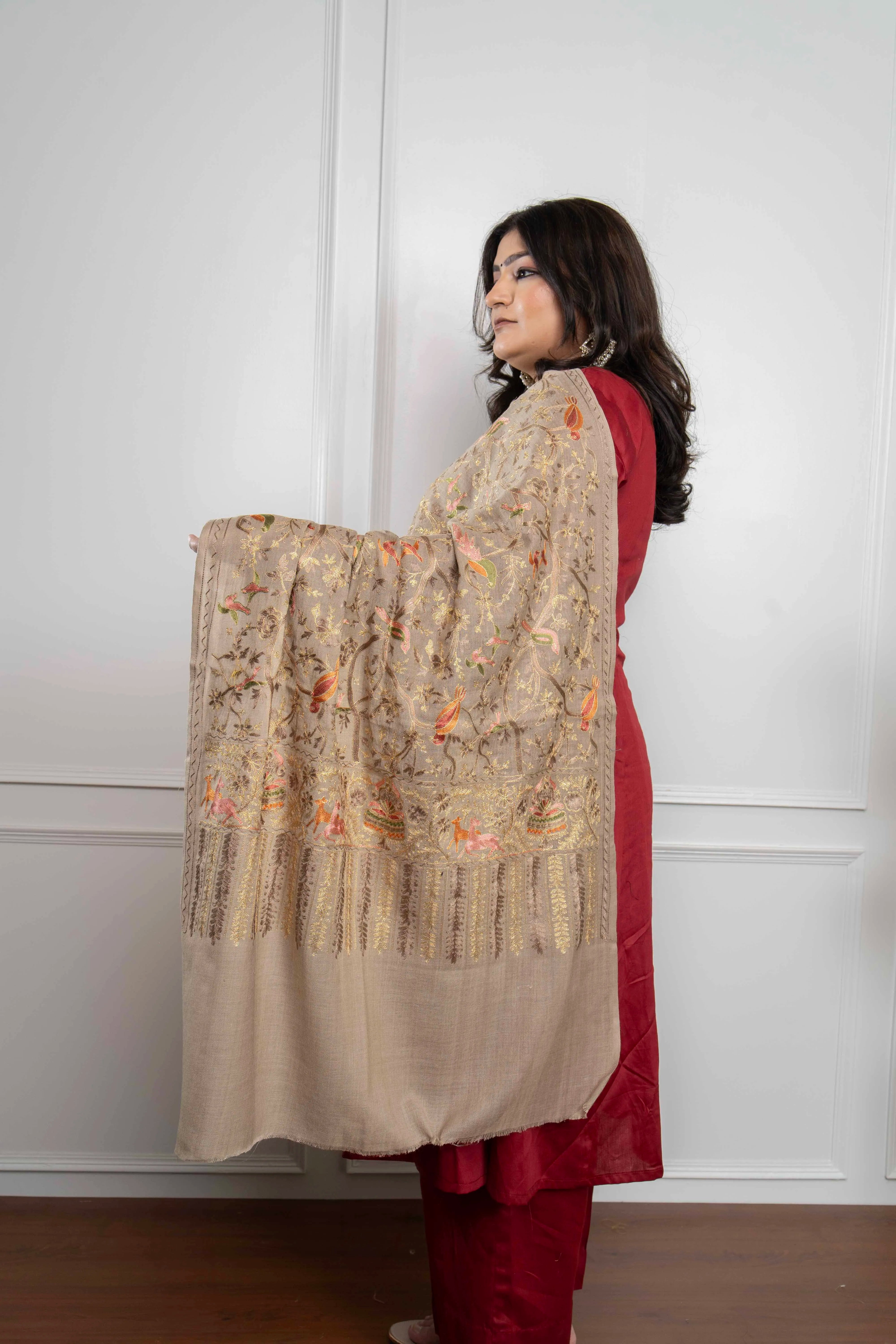 Tooshi Birds motif Jaal Nalki embroidery Fine Wool Blend Stole