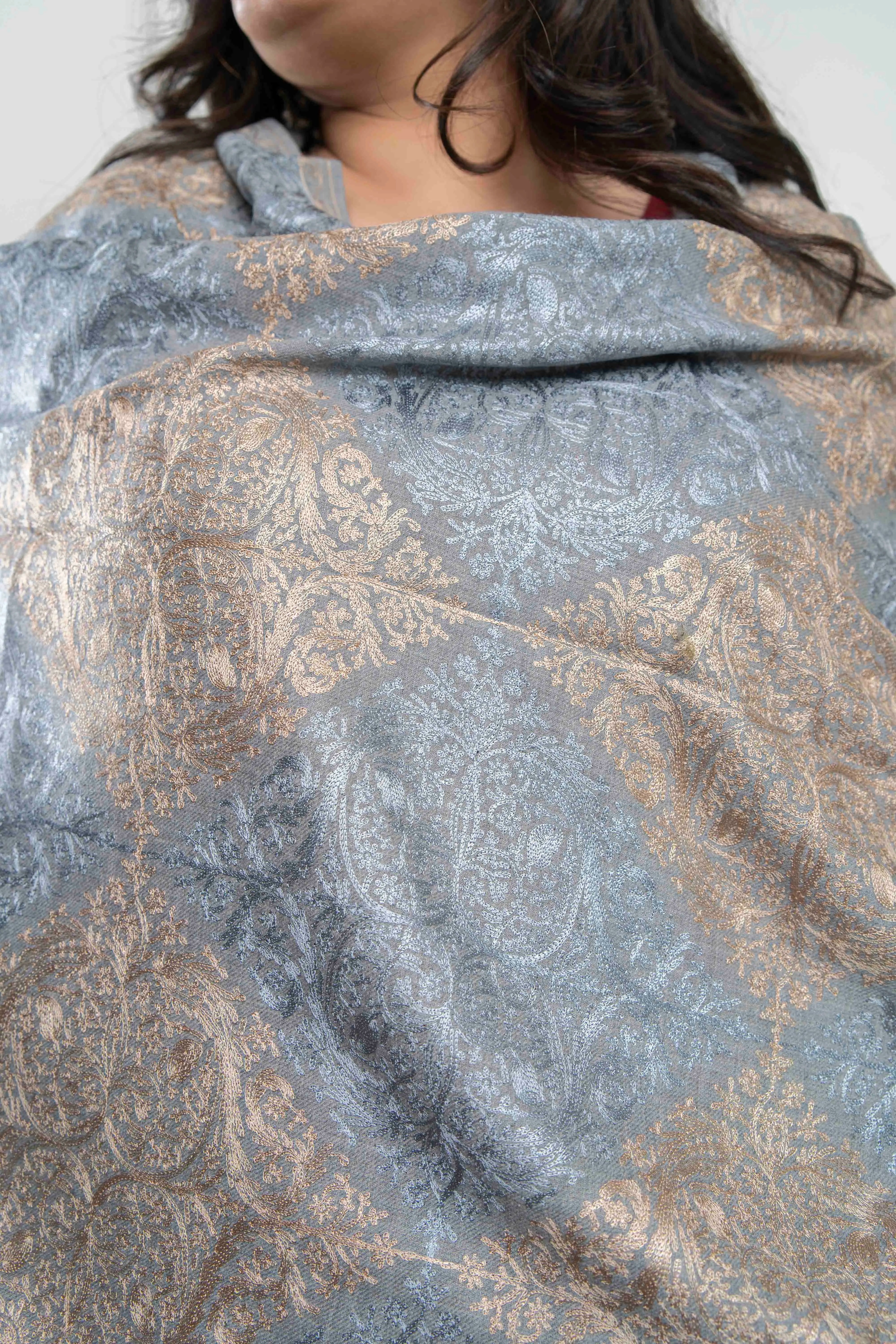 Grey Barfi Dual tone Nalki embroidery Fine Wool Blend Stole