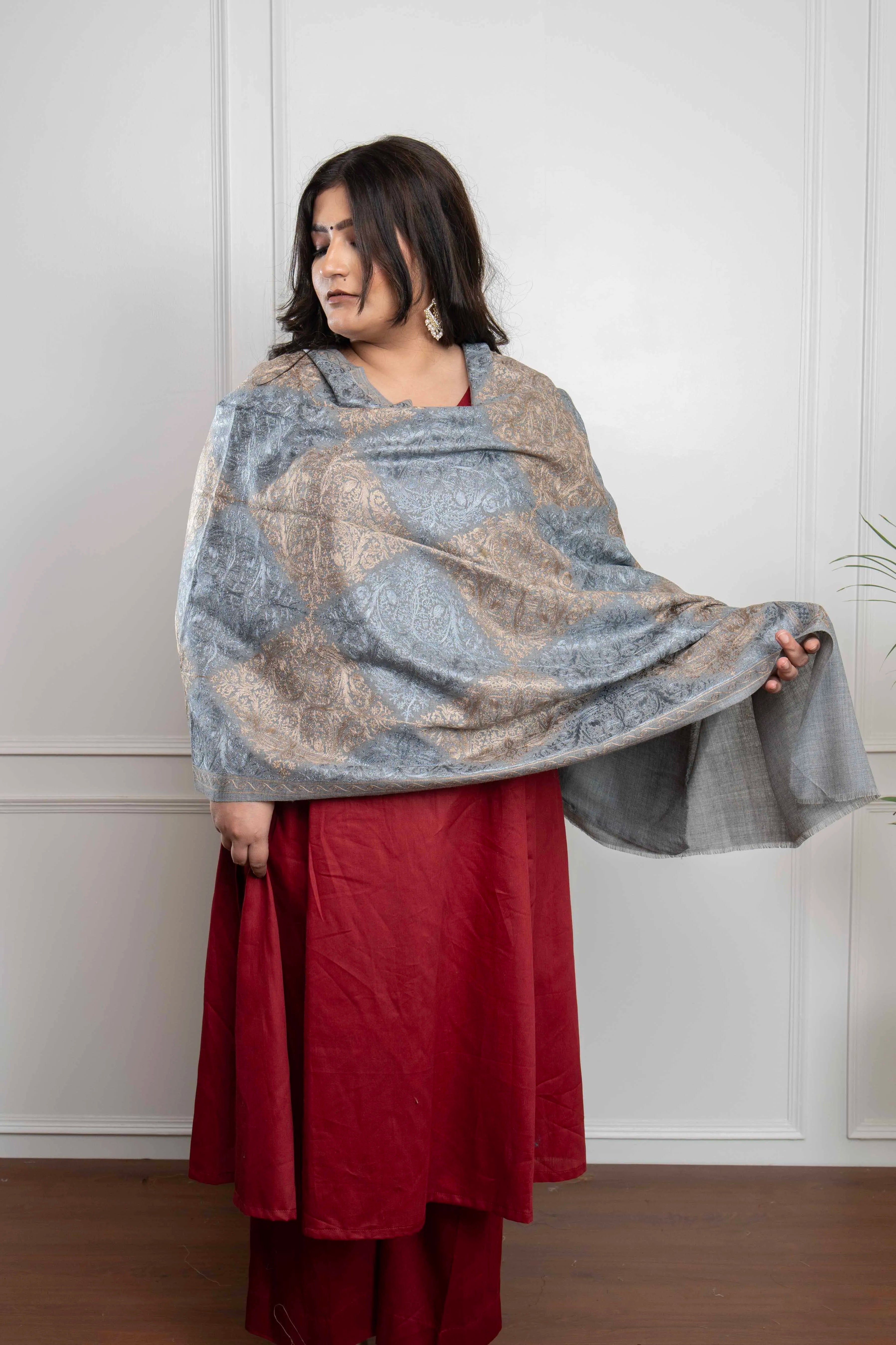 Grey Barfi Dual tone Nalki embroidery Fine Wool Blend Stole