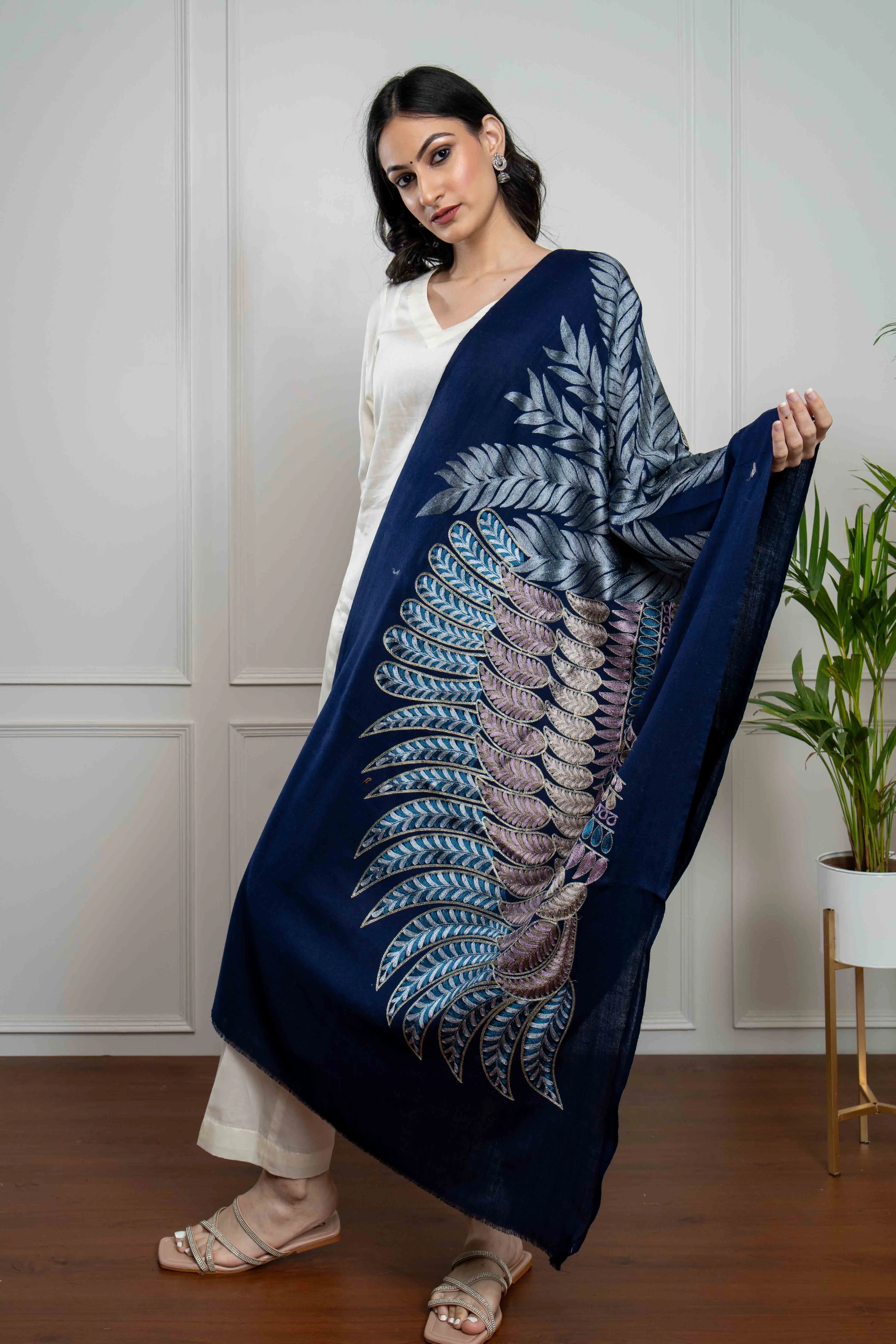 Navy Wing Motif with Feathers Nalki embroidery Fine Wool Blend Stole