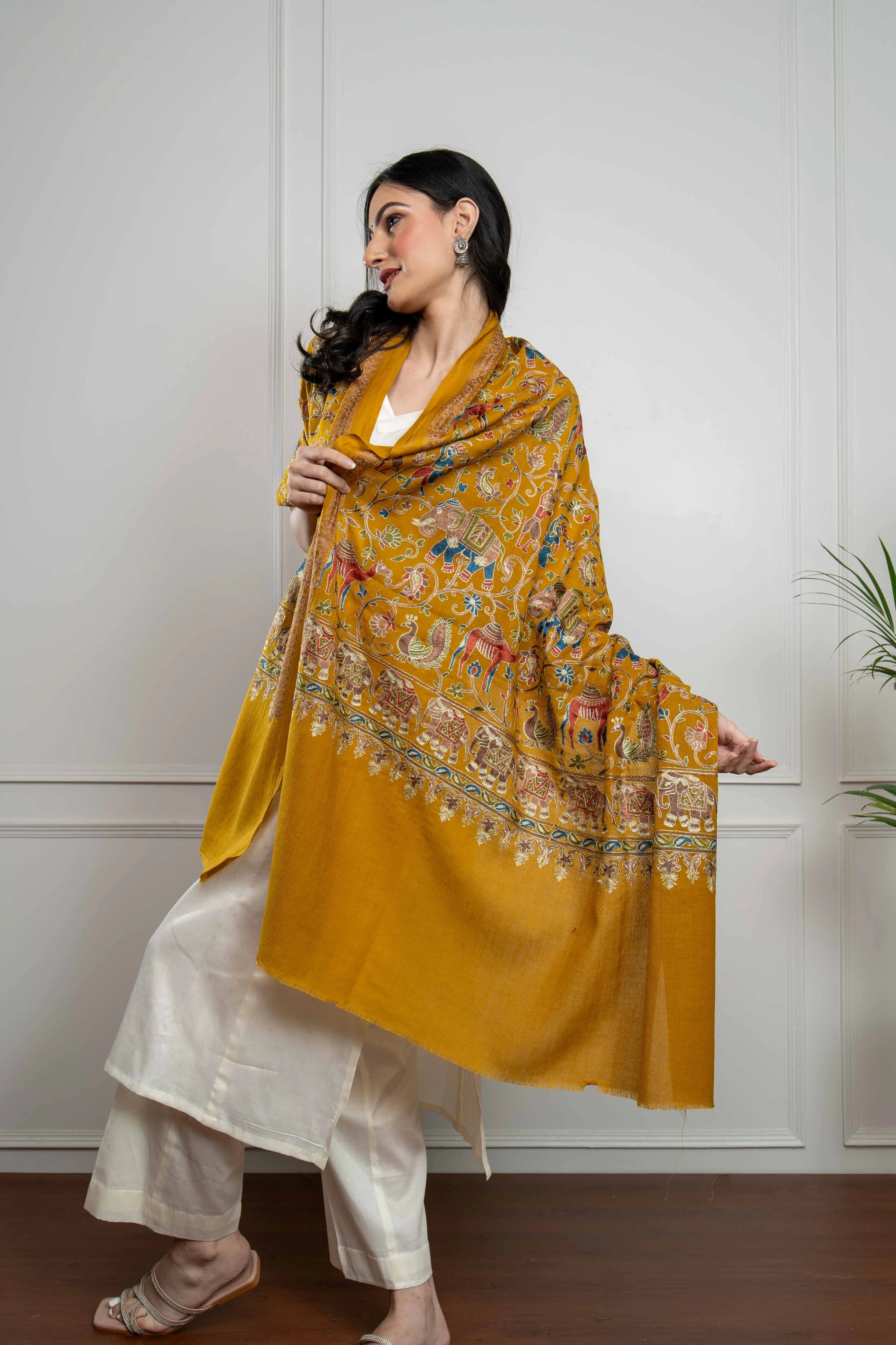Mustard Elephant and Peacock Motifs Jaal Nalki embroidery Fine Wool Blend Shawl