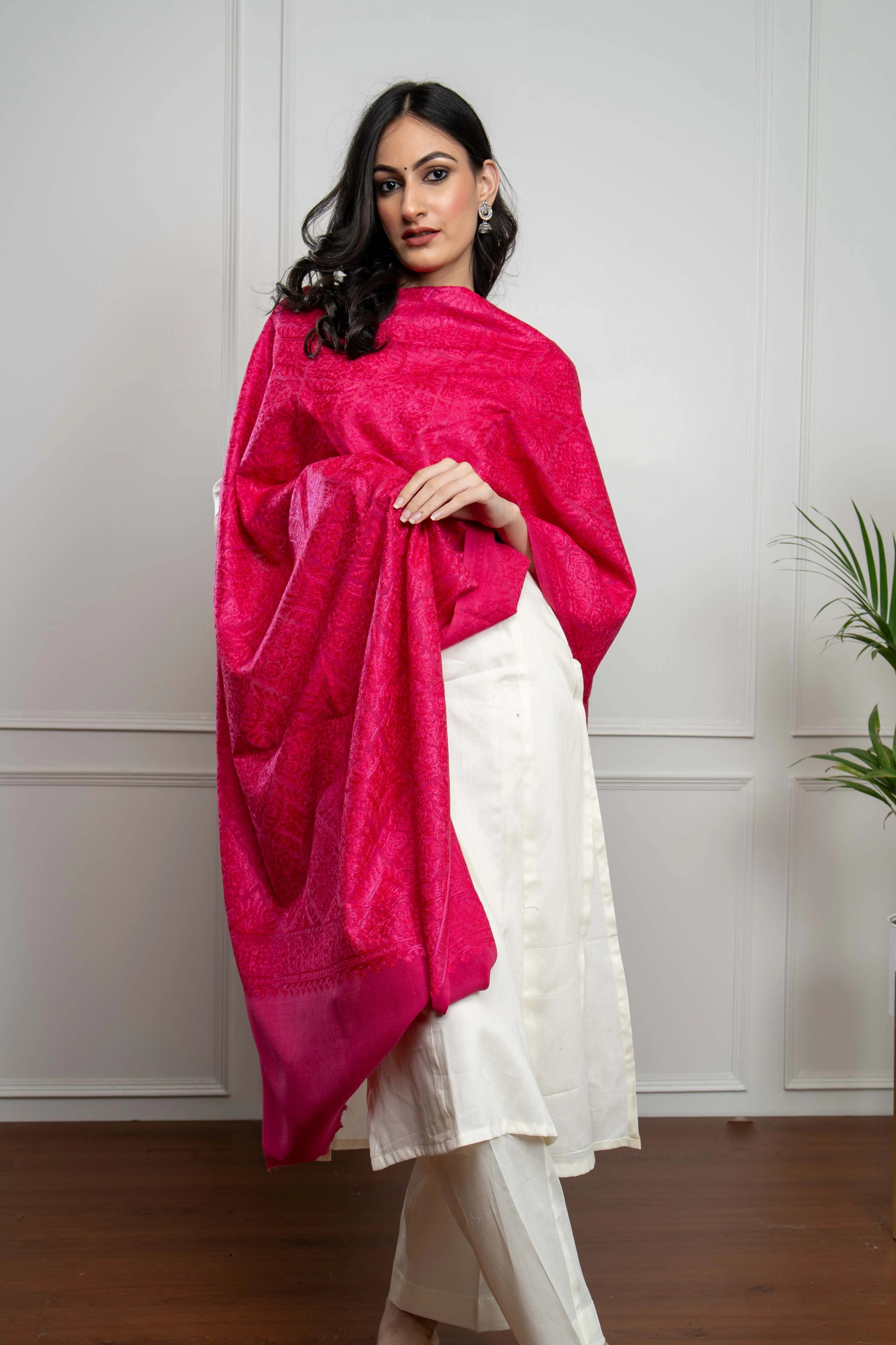 Pink Self Barfi Nalki embroidery Fine Wool Blend Stole