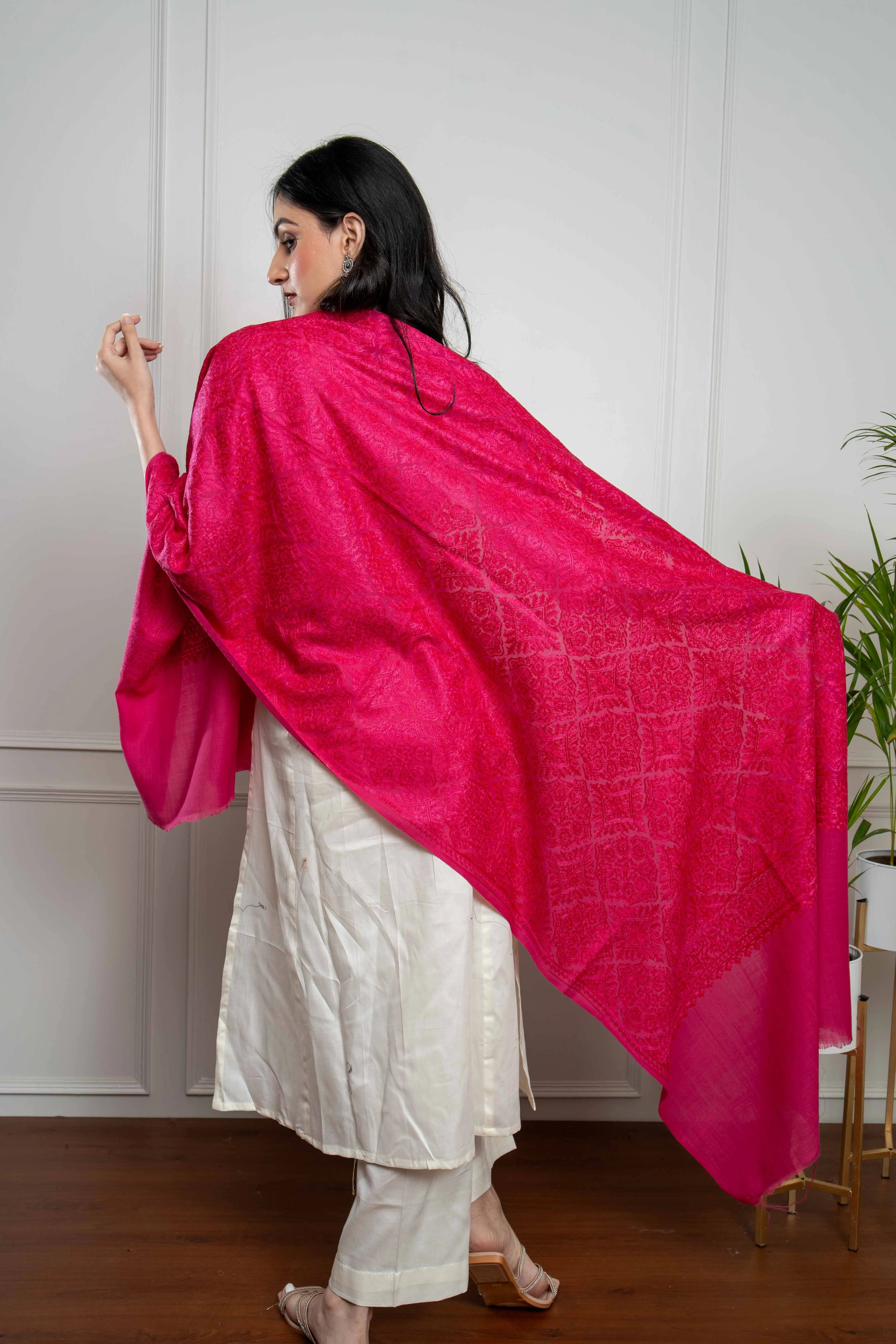 Pink Self Barfi Nalki embroidery Fine Wool Blend Stole