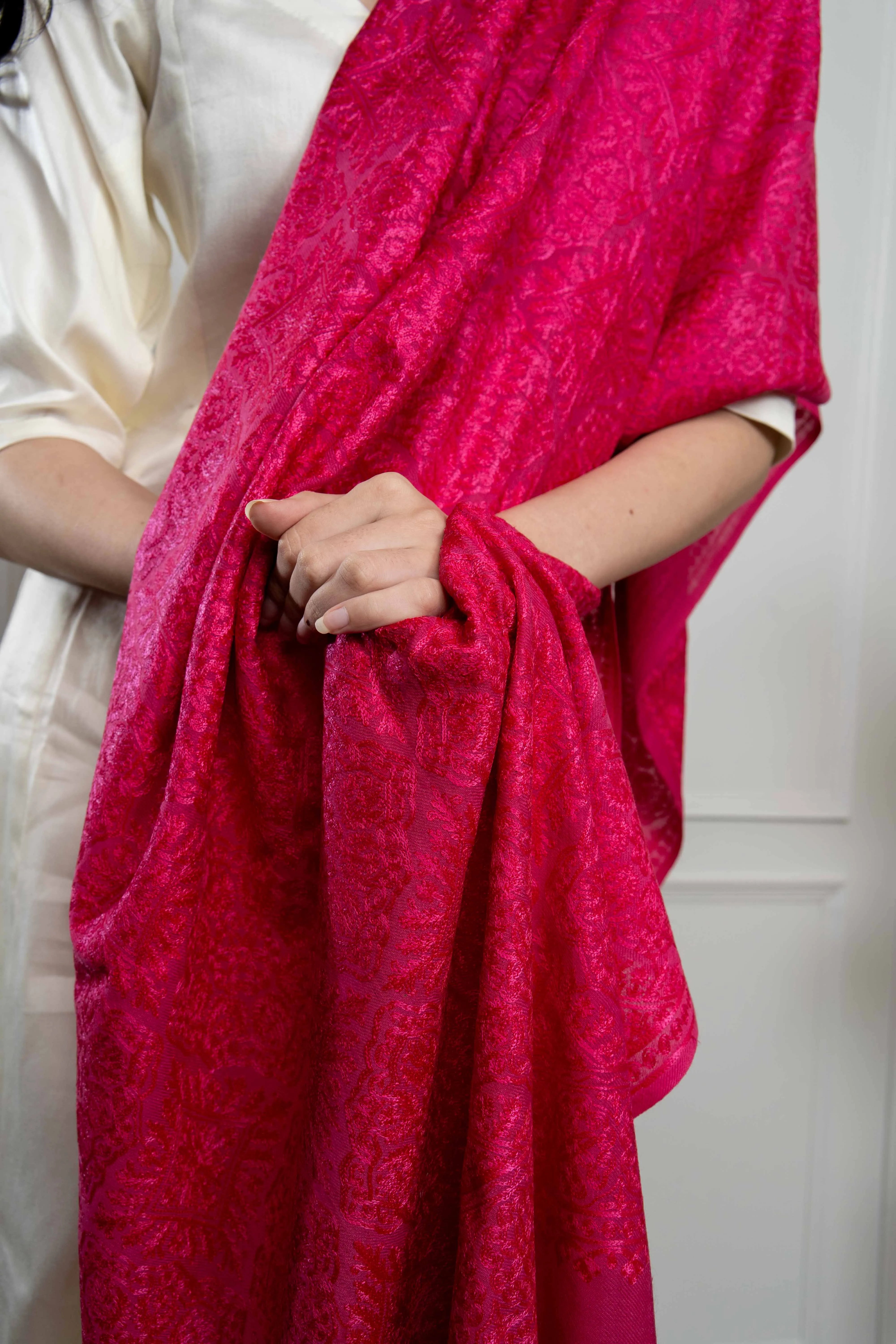 Pink Self Barfi Nalki embroidery Fine Wool Blend Stole