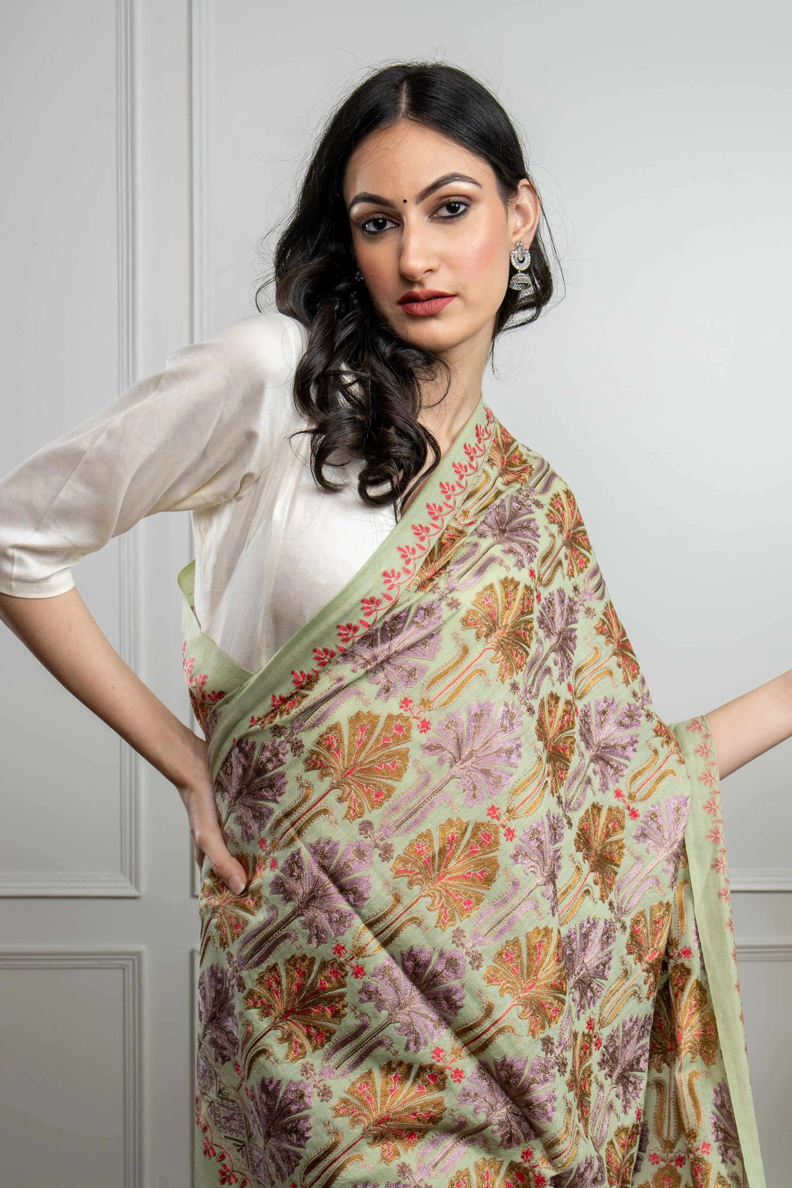 Pista Chinaar Patta Jaal Nalki embroidery Fine Wool Blend Shawl