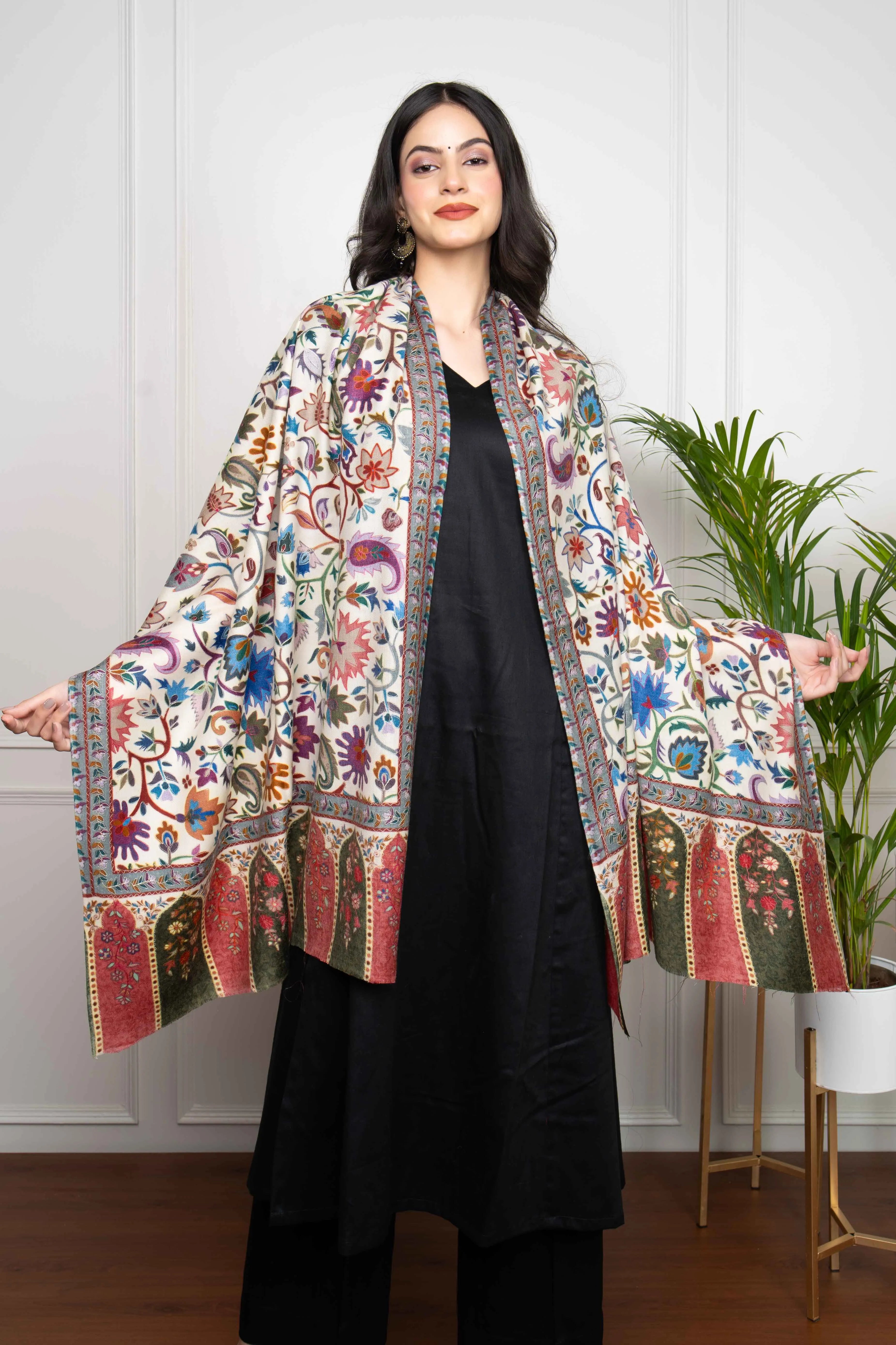 White Floral Kalamkari Pashmina Stole