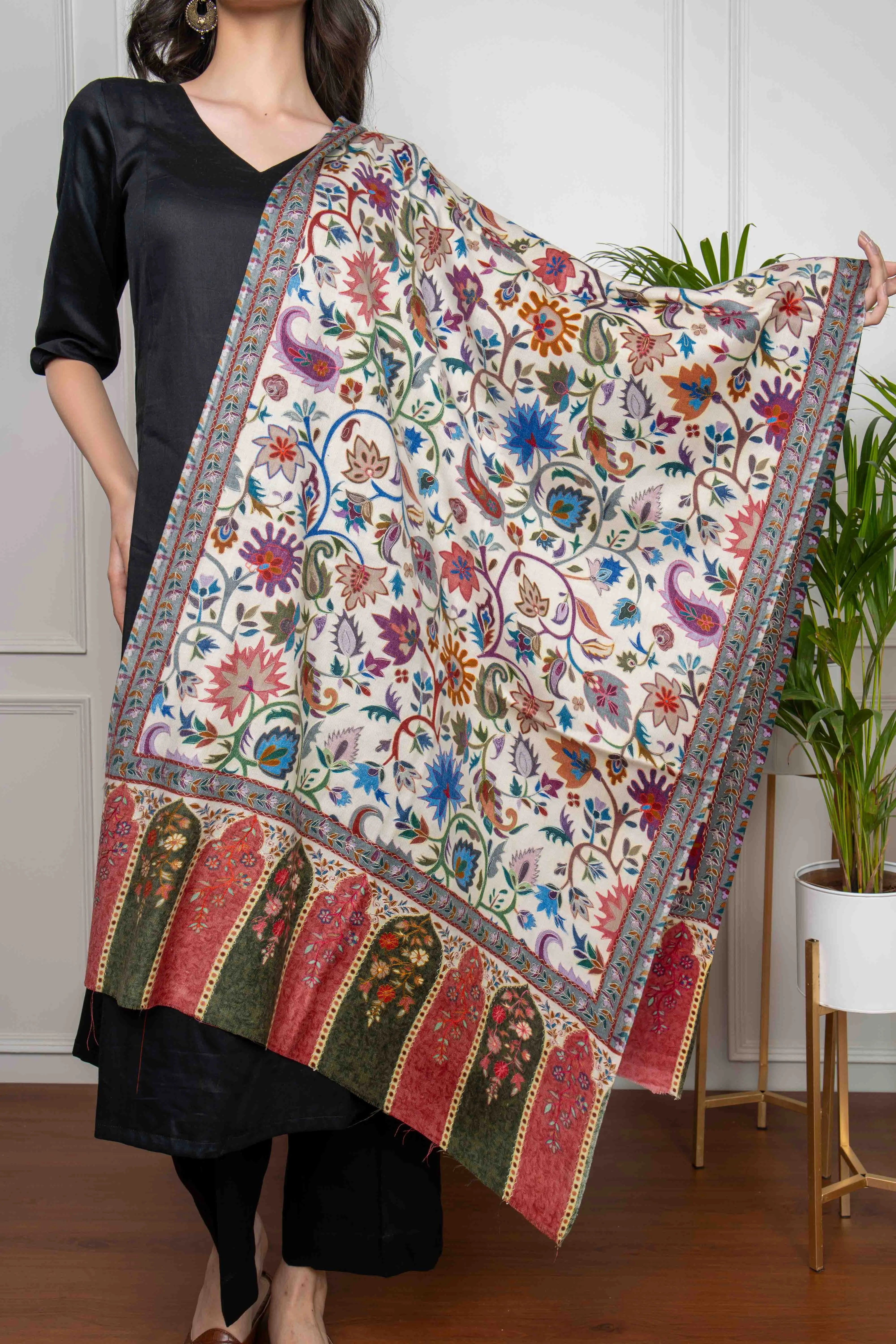 White Floral Kalamkari Pashmina Stole