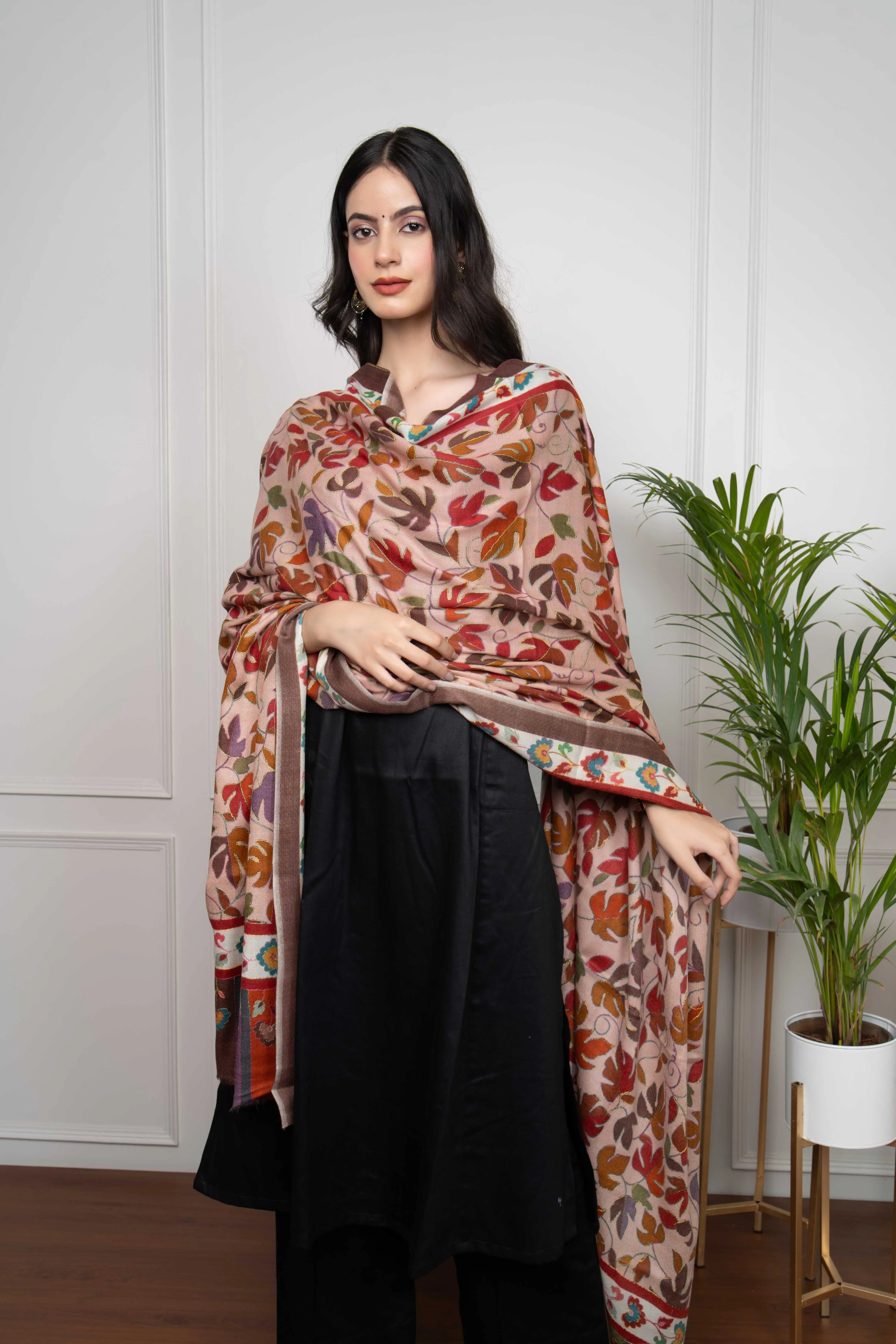 Red Leaf and Floral Handwork Kalamkari Pashmina Shawl