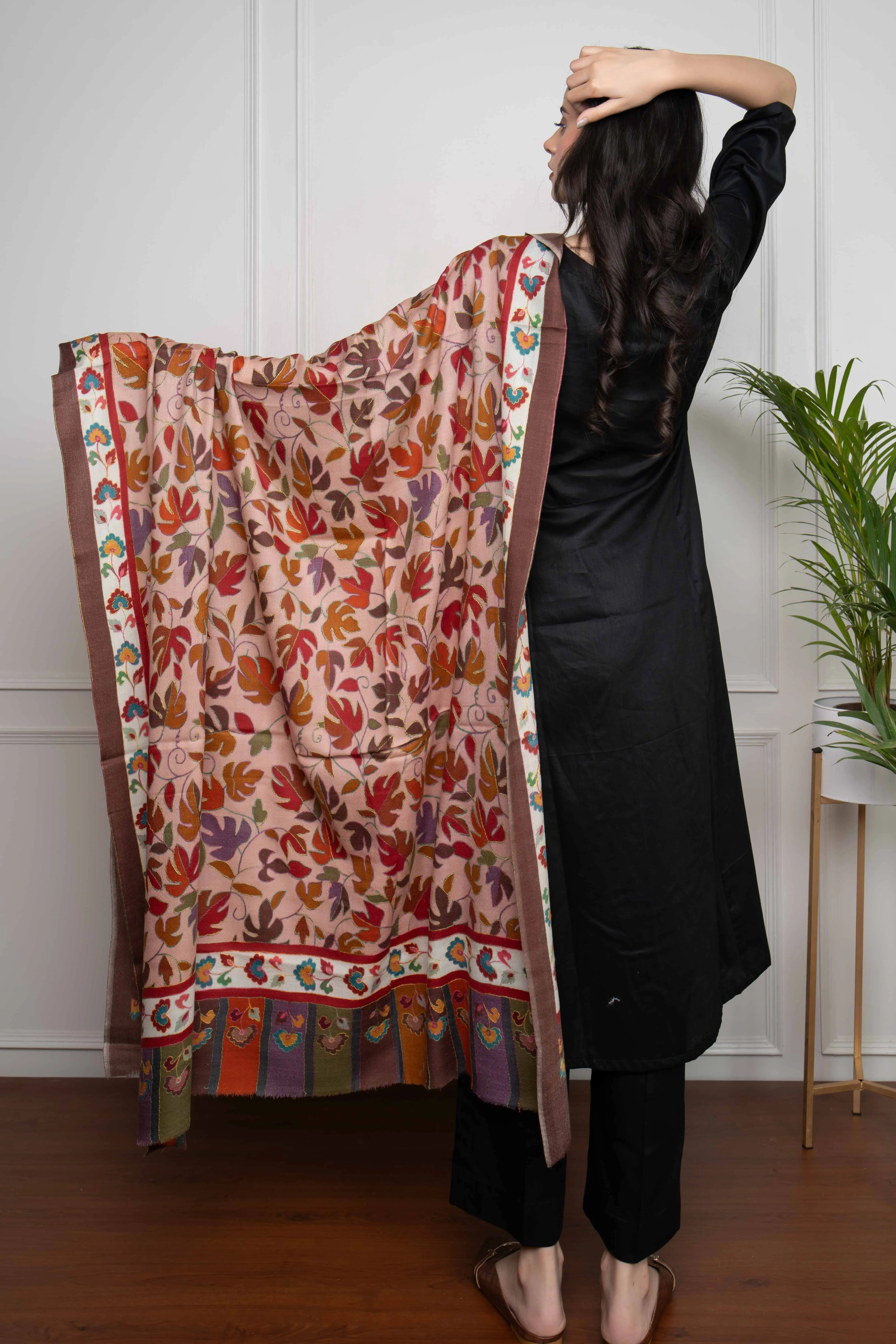 Red Leaf and Floral Handwork Kalamkari Pashmina Shawl