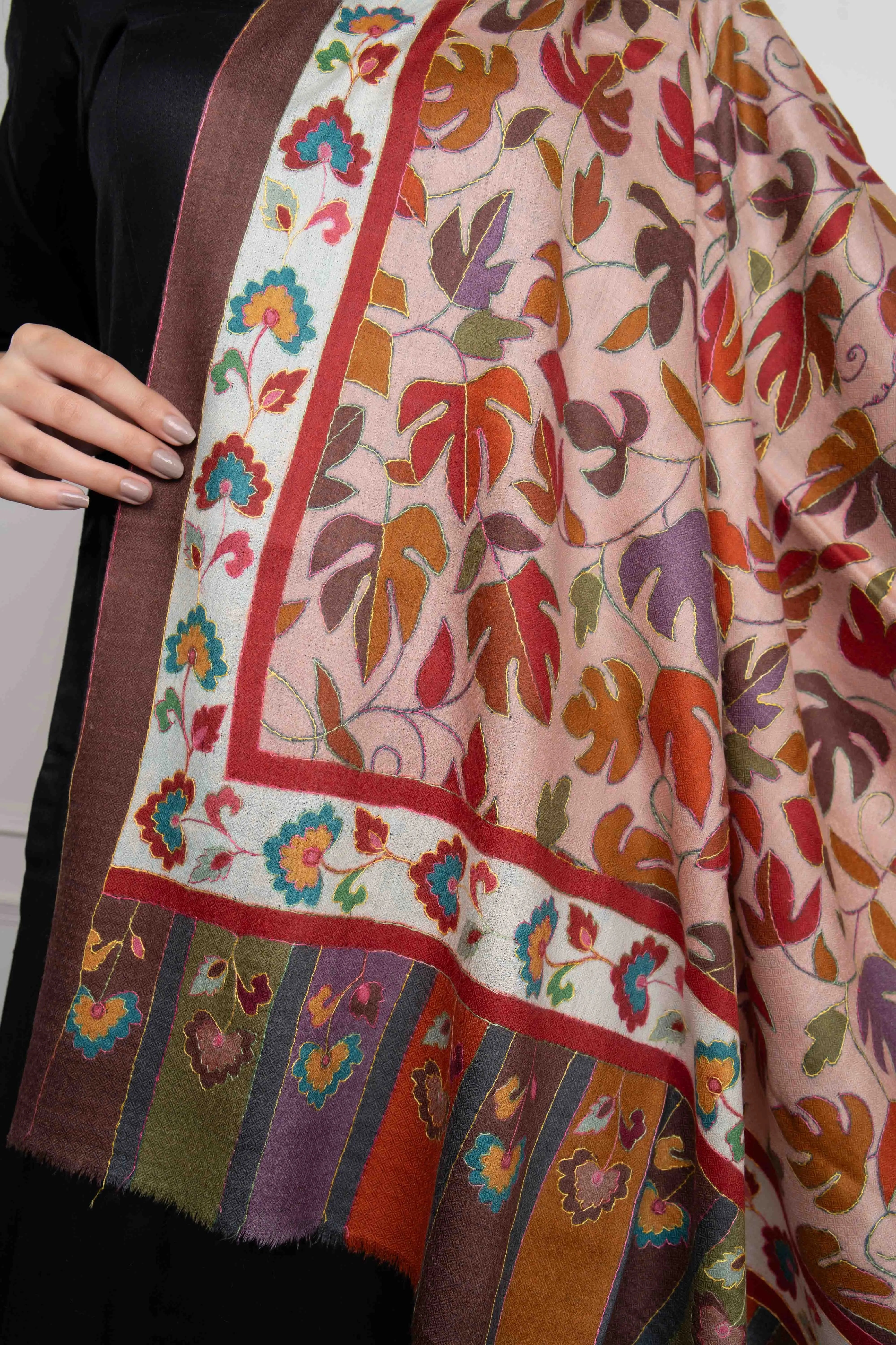 Red Leaf and Floral Handwork Kalamkari Pashmina Shawl