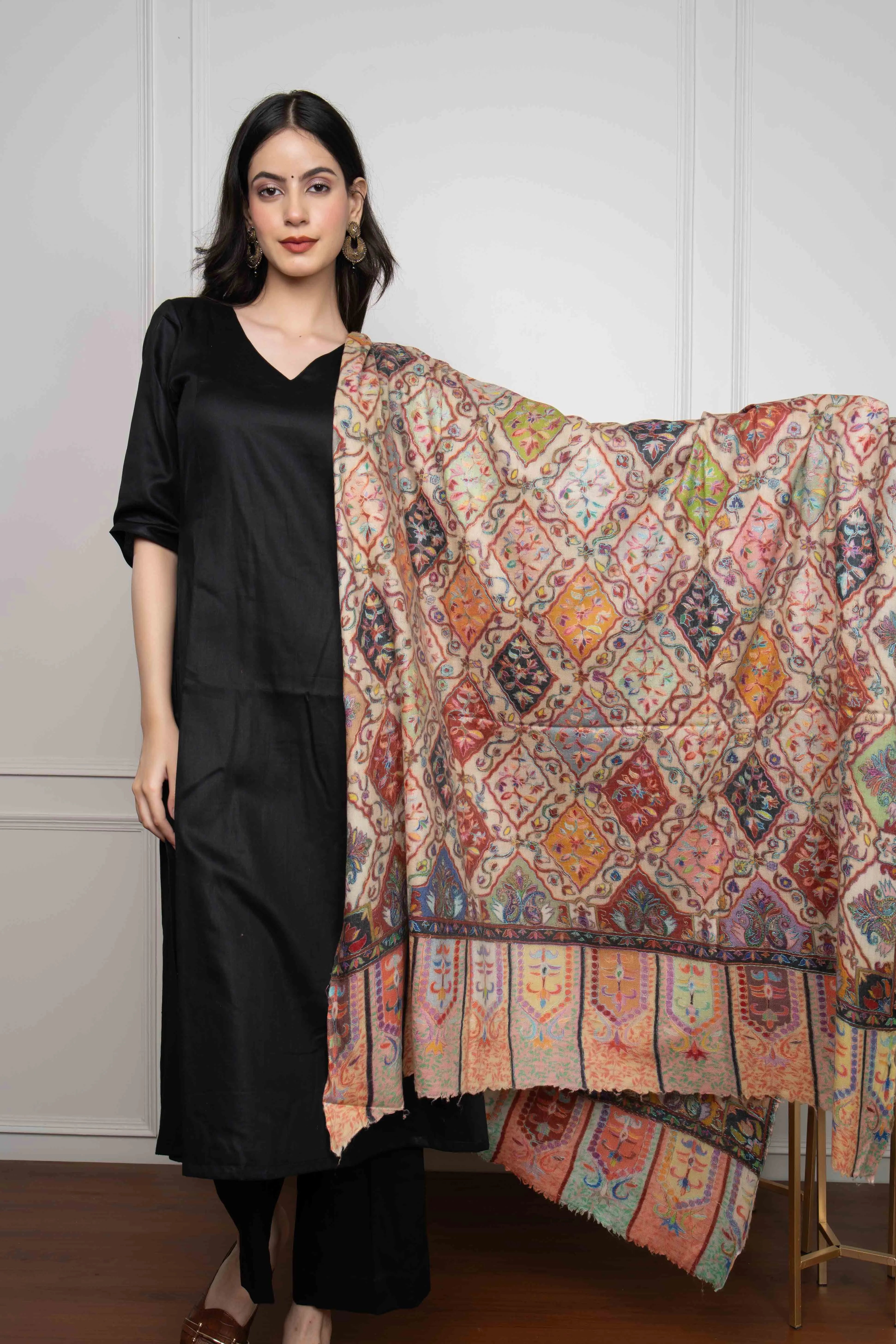 Peach Multicolored Plumule Jaal Handwork Kalamkari Handwork Pashmina Shawl (1 week dispatch time)