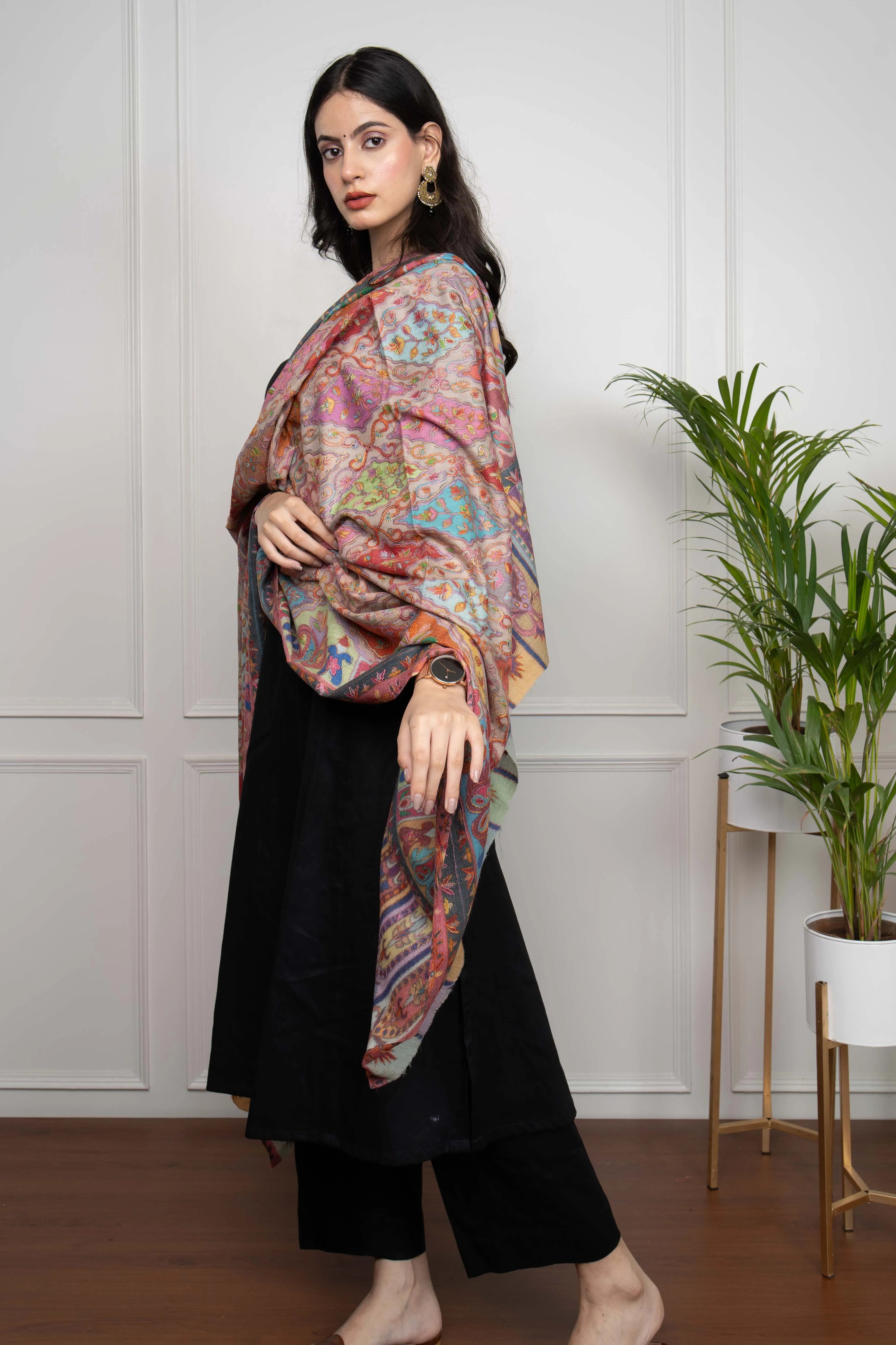 Pink Multicolored Plumule Jaal Kalamkari Handwork Pashmina Shawl