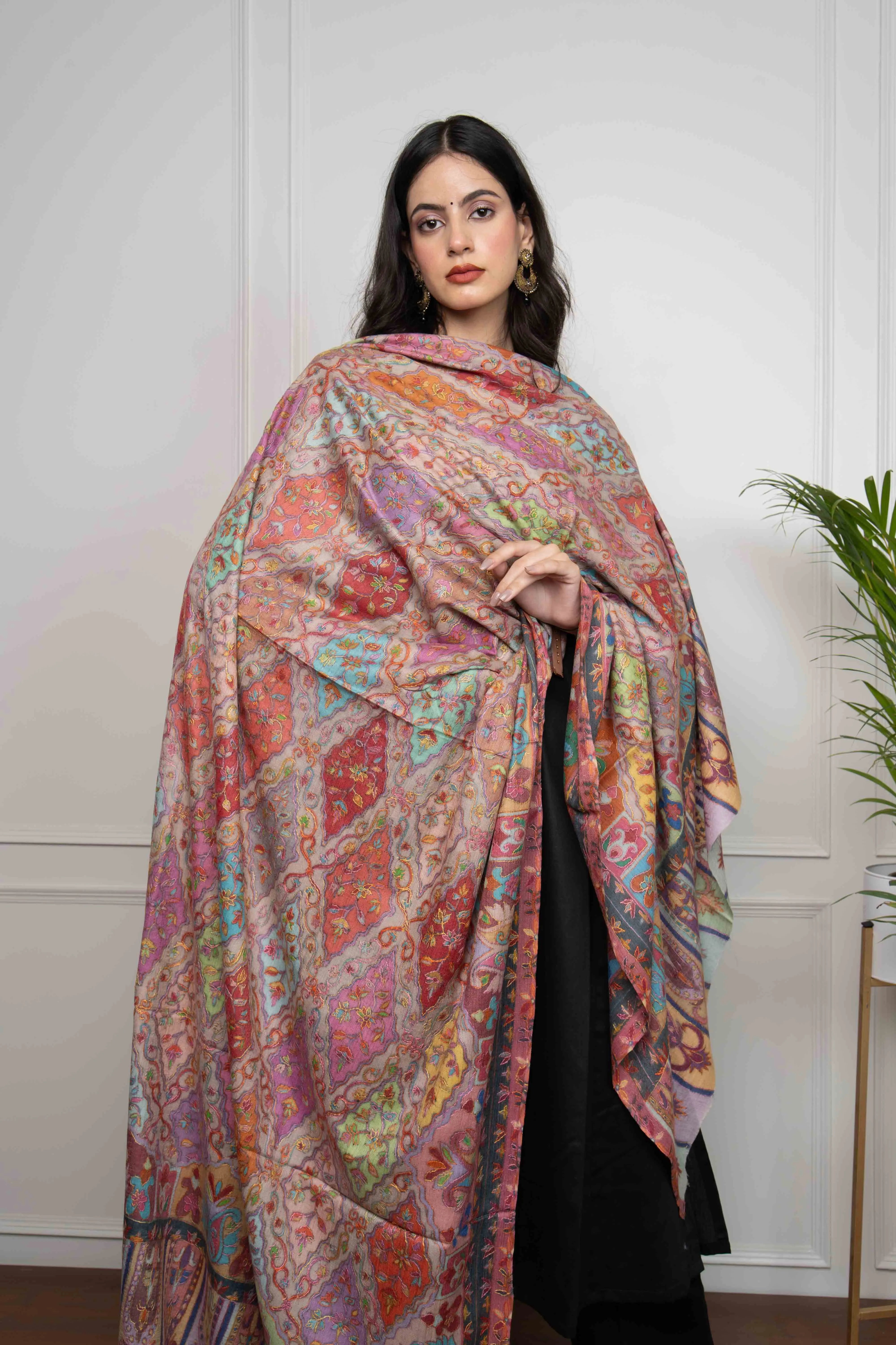 Pink Multicolored Plumule Jaal Kalamkari Handwork Pashmina Shawl