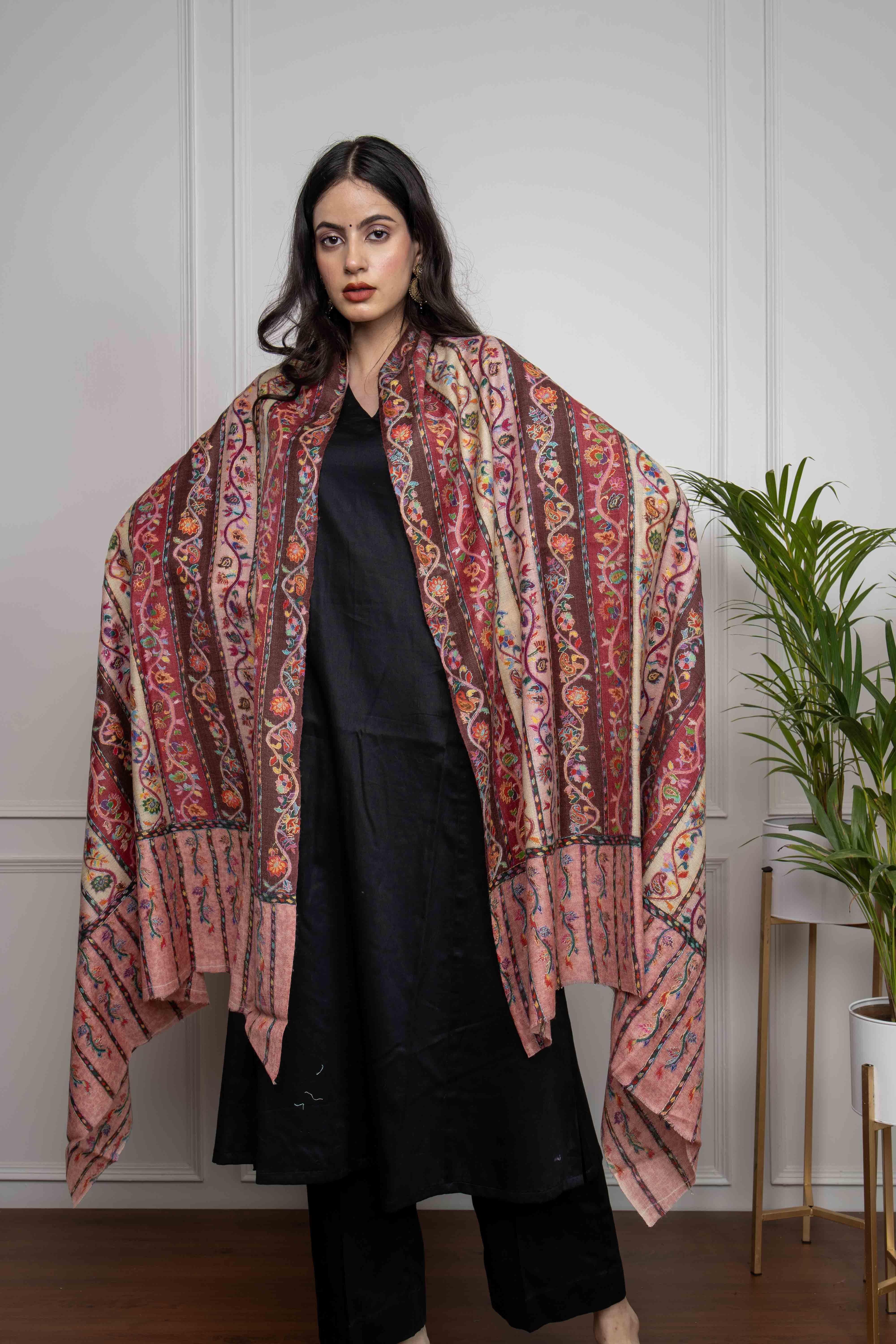 Red Multicolored Stripe Jaal Kalamkari Handwork Pashmina Shawl