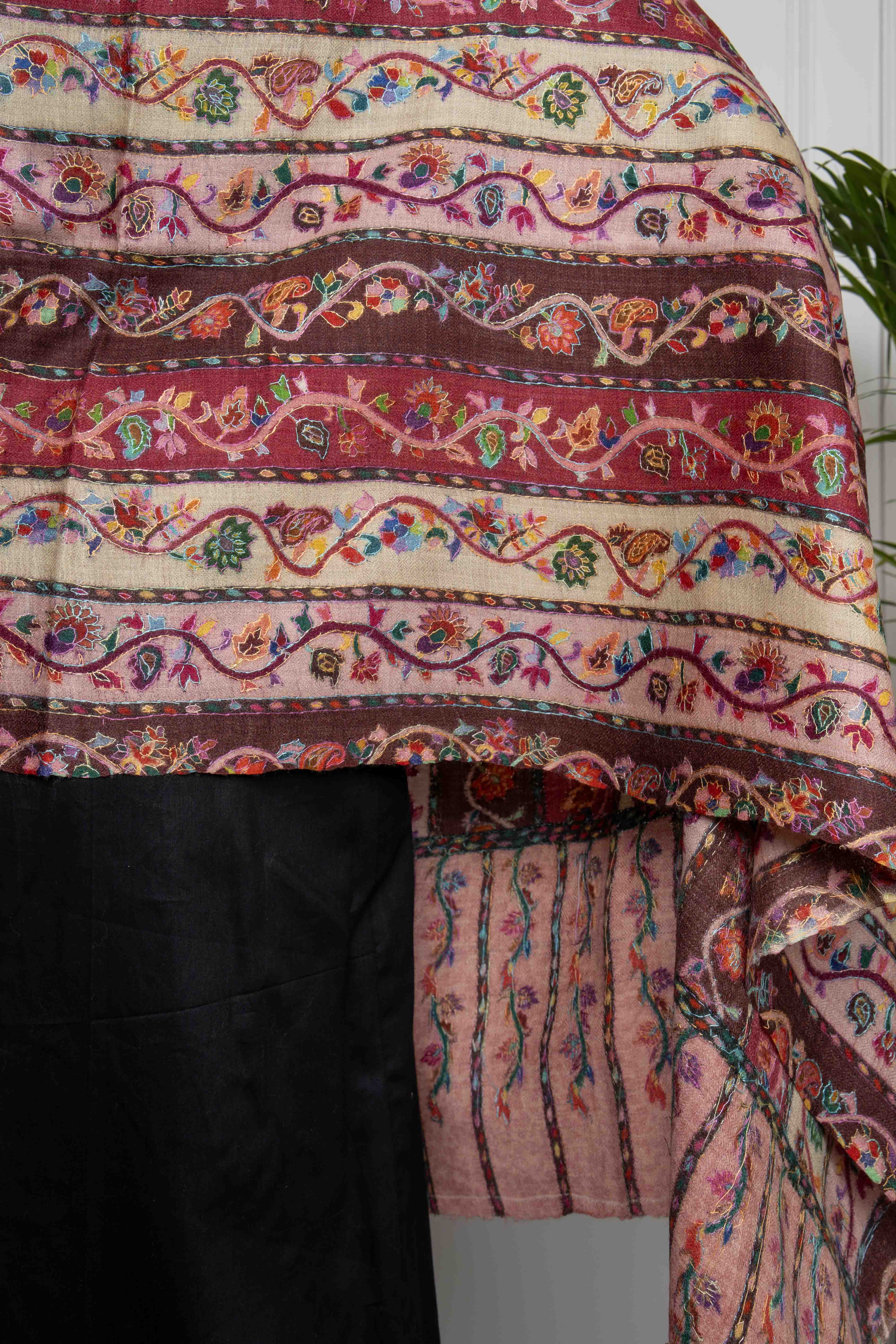 Red Multicolored Stripe Jaal Kalamkari Handwork Pashmina Shawl