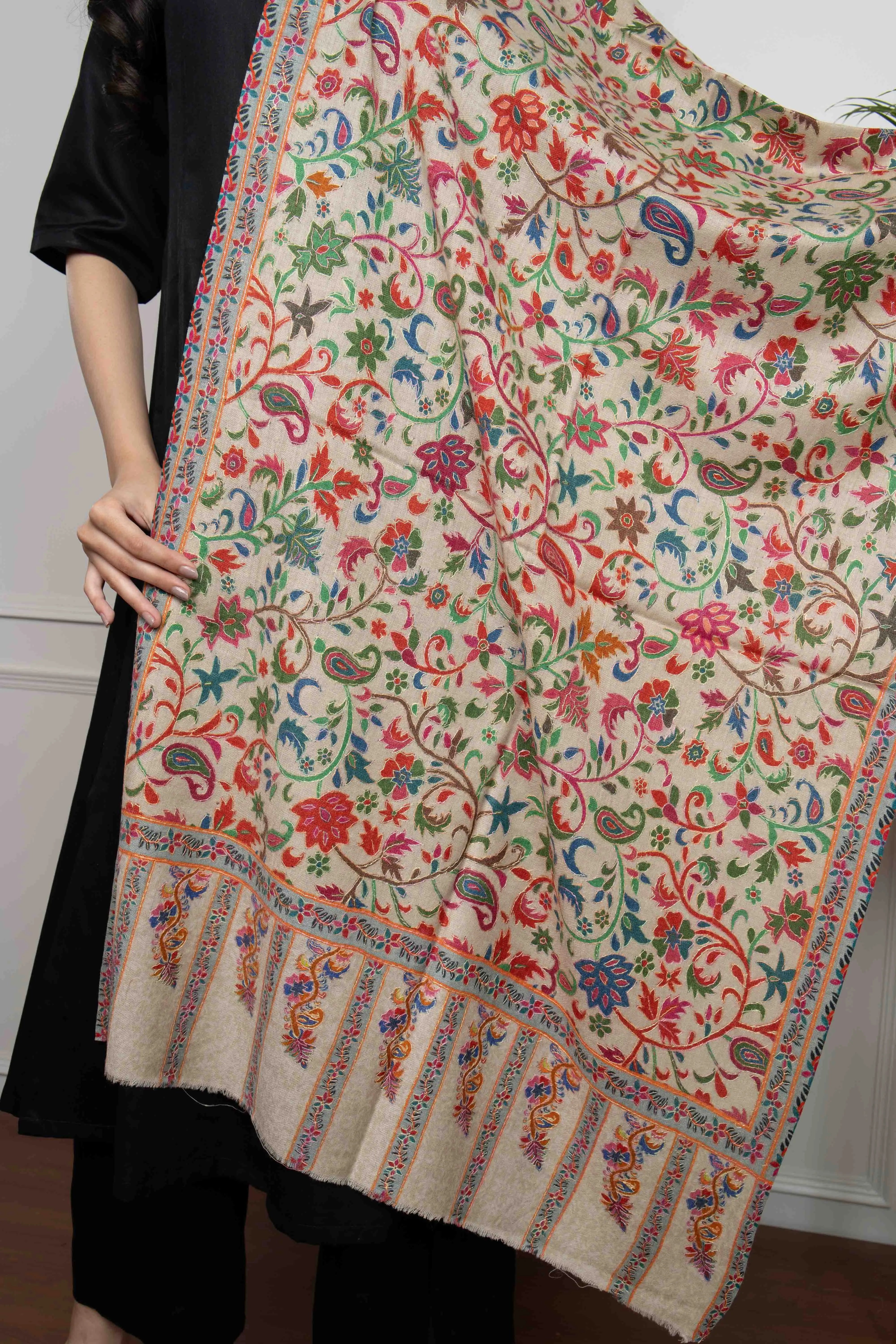 Peach Floral Jaal Handwork Kalamkari Pashmina Stole