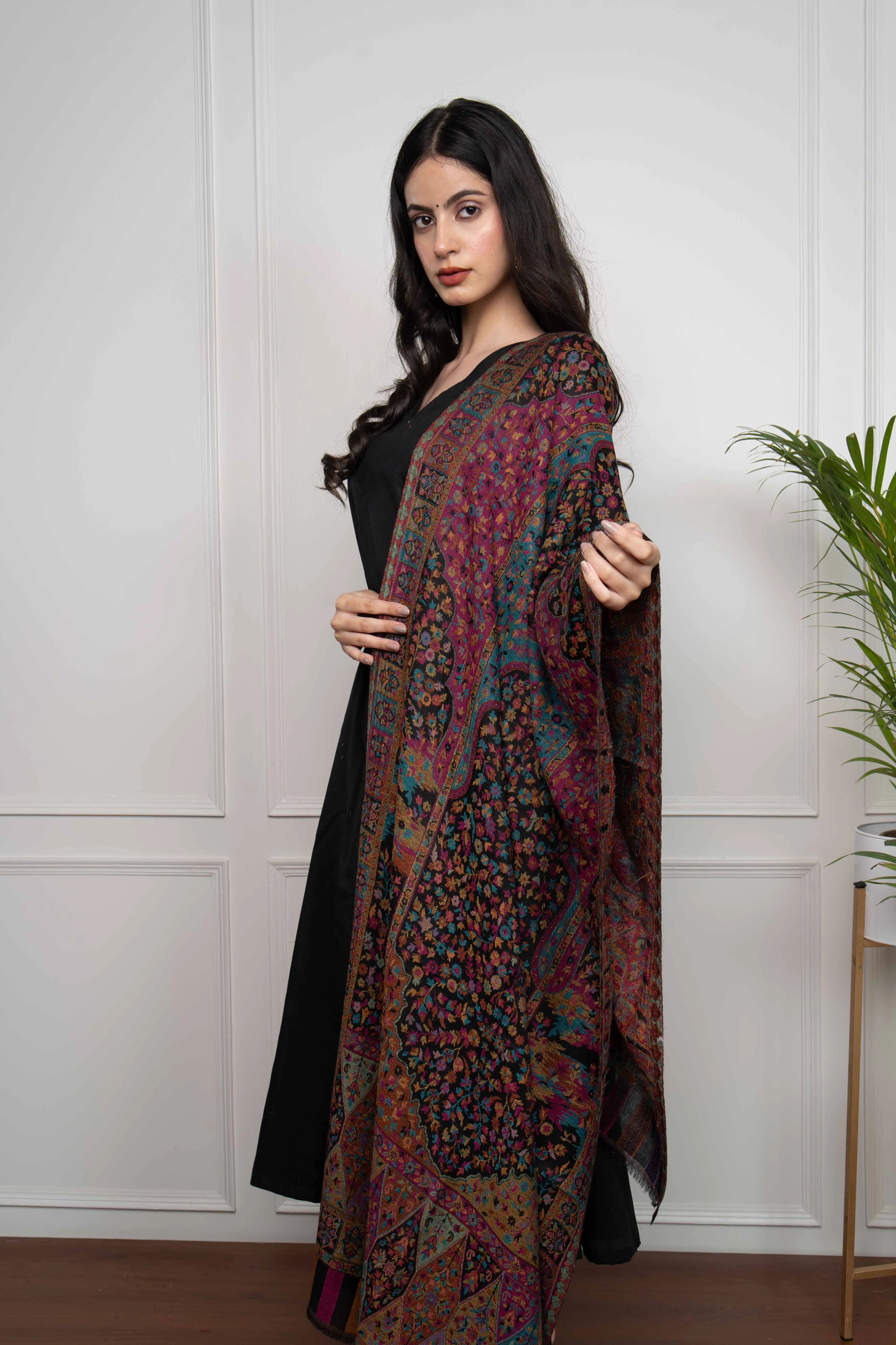 Black Kani Multicolor Floral Wool Silk Blend Stole