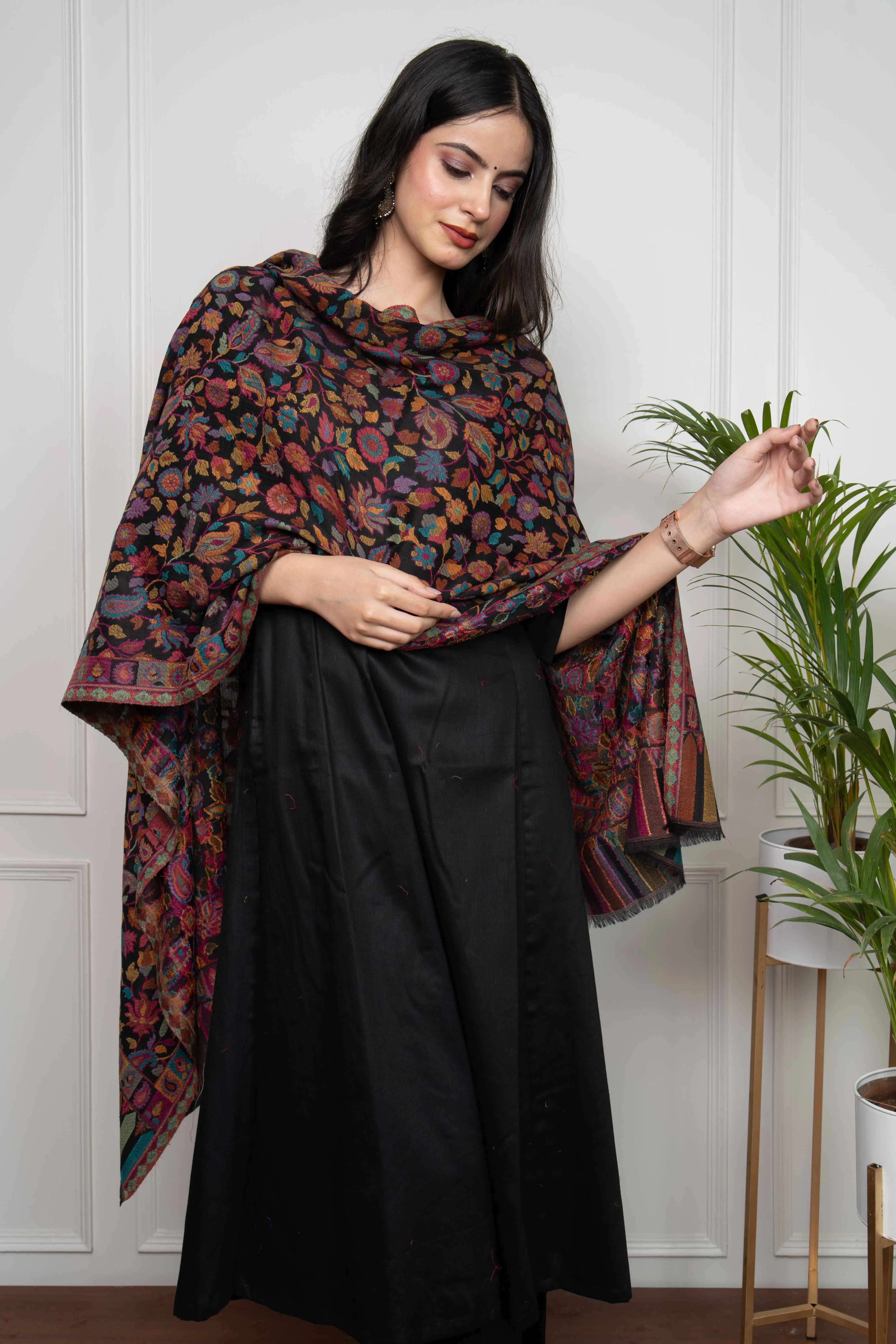 Black Kani Large Floral Fine Wool Silk Blend Stole/Scarf
