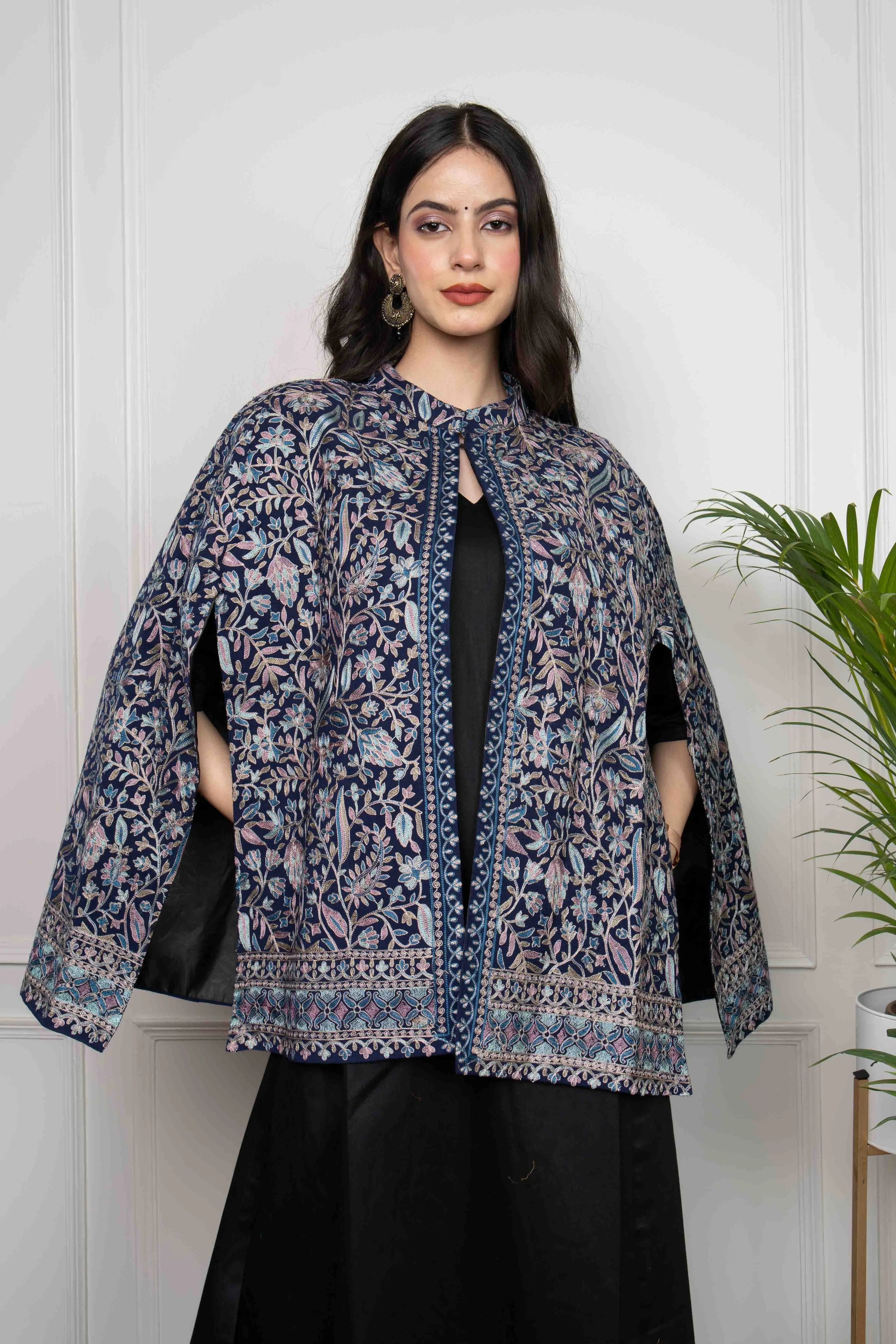 Navy Floral Leaf Jaal Nalki embroidery Fine Wool Blend Cape ( FREE SIZE)