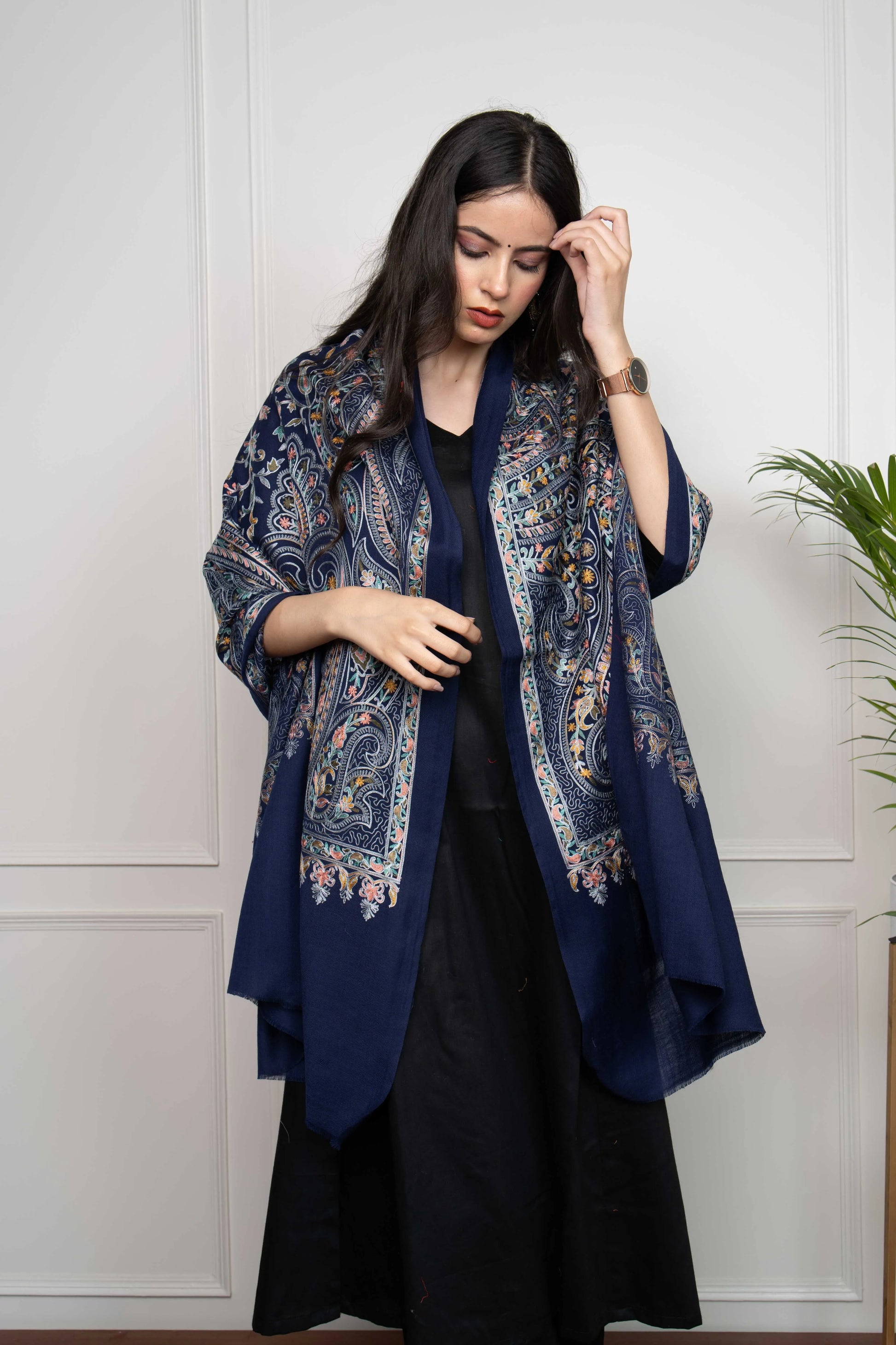 Navy Allover Ambi Jaal Nalki embroidery Fine Wool Blend Stole