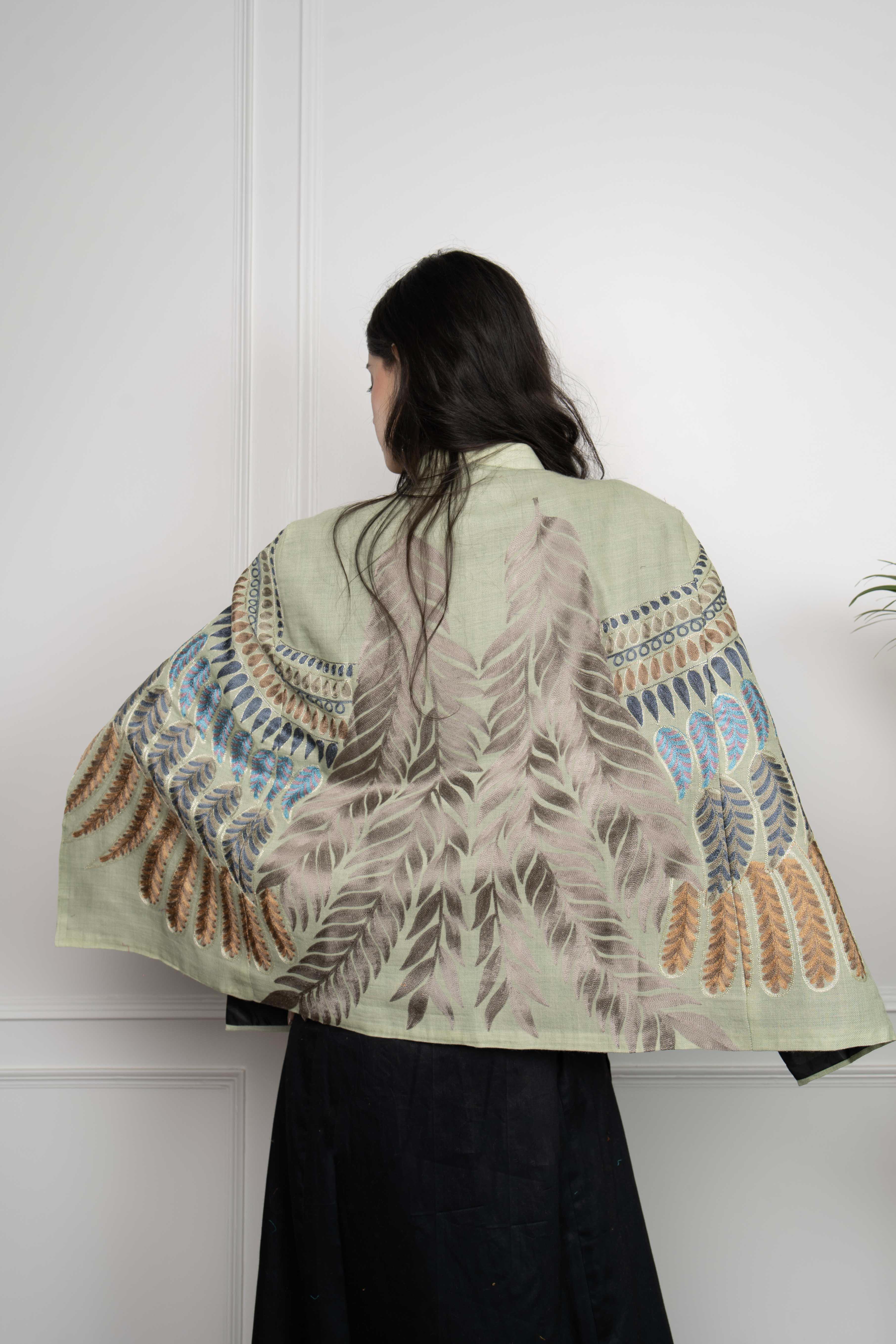 Sadah Women's Pista Wing Motif with Feathers Nalki embroidery Fine Wool Blend Cape ( FREE SIZE)
