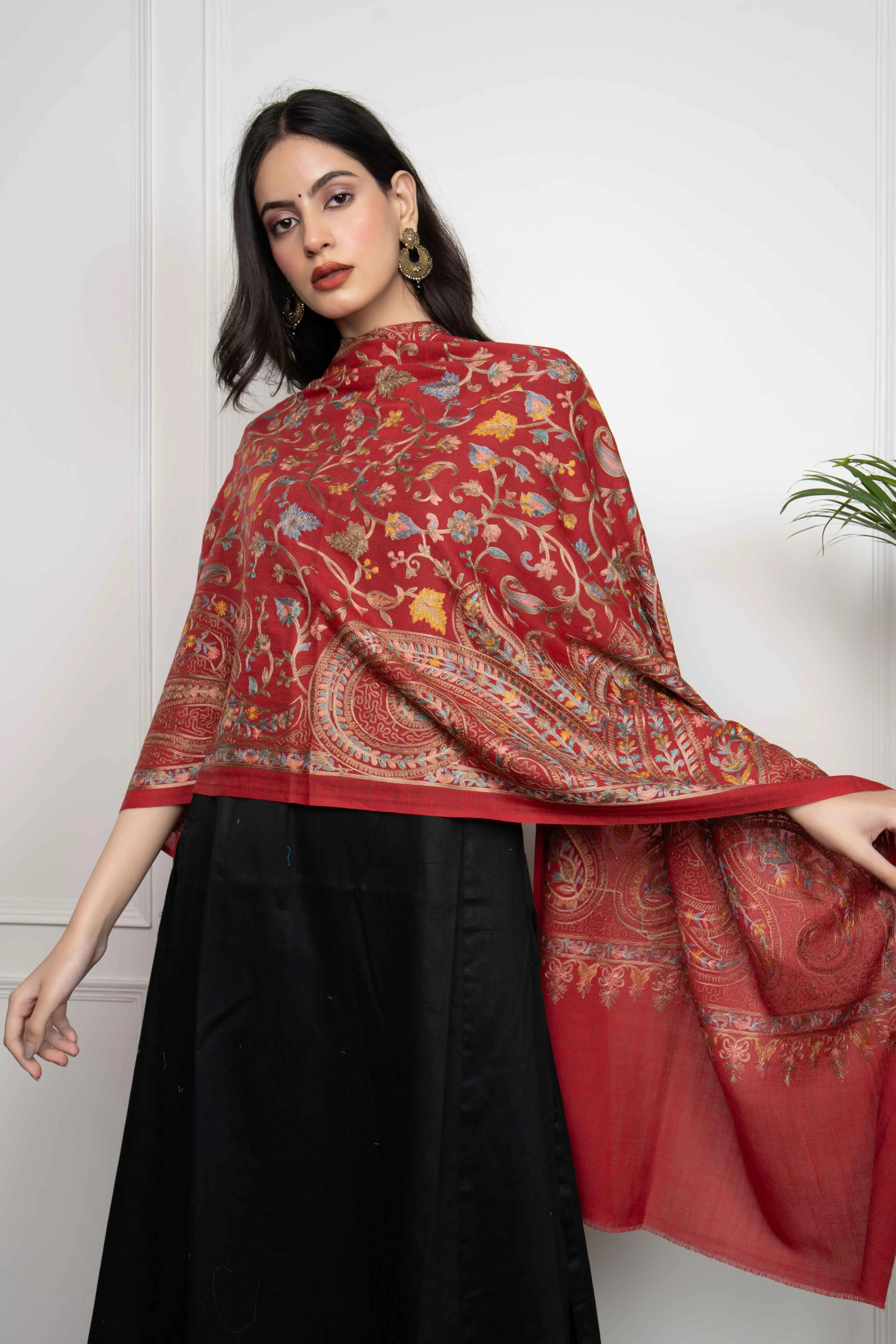 Red Allover Ambi Jaal Nalki embroidery Fine Wool Blend Stole