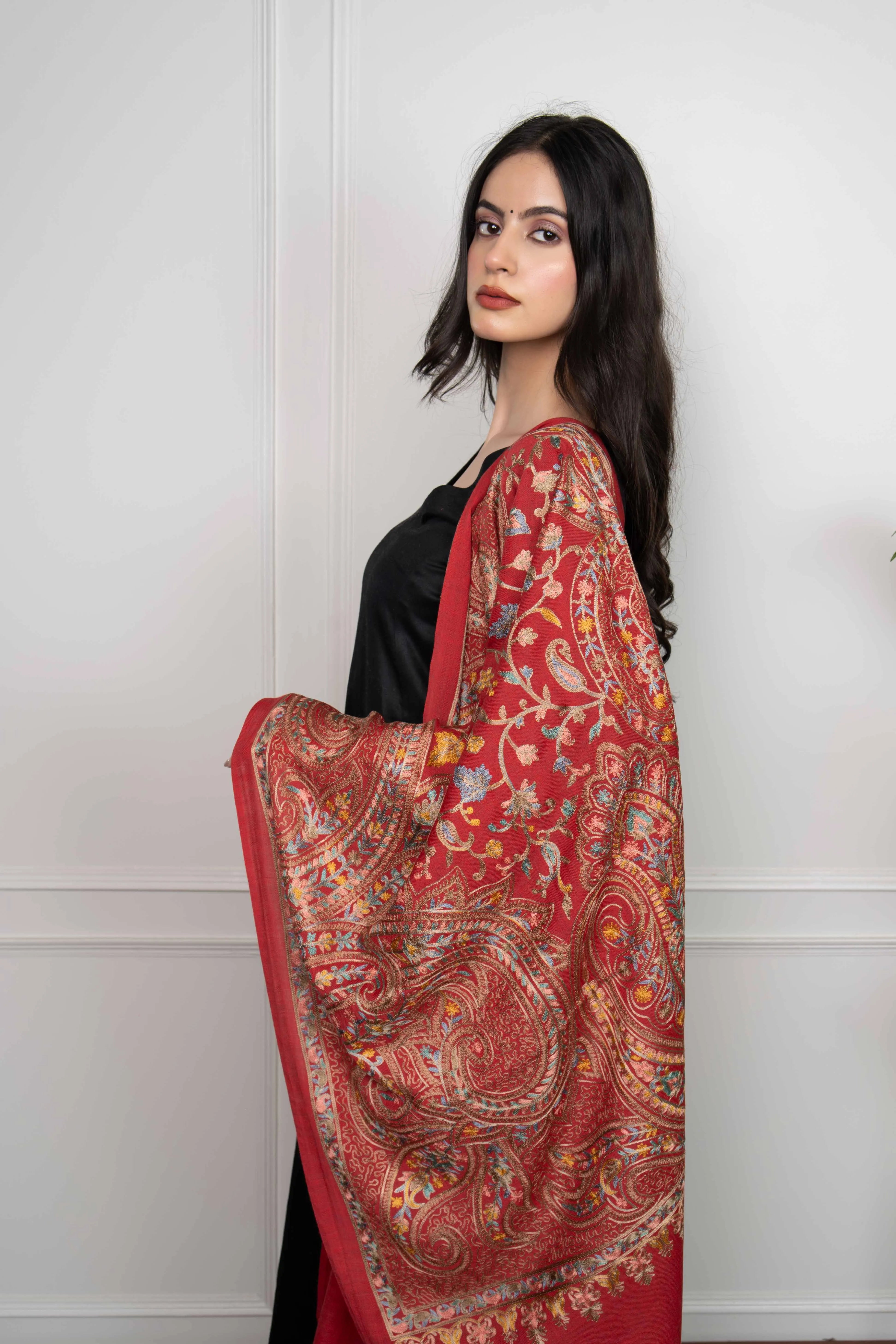 Red Allover Ambi Jaal Nalki embroidery Fine Wool Blend Stole