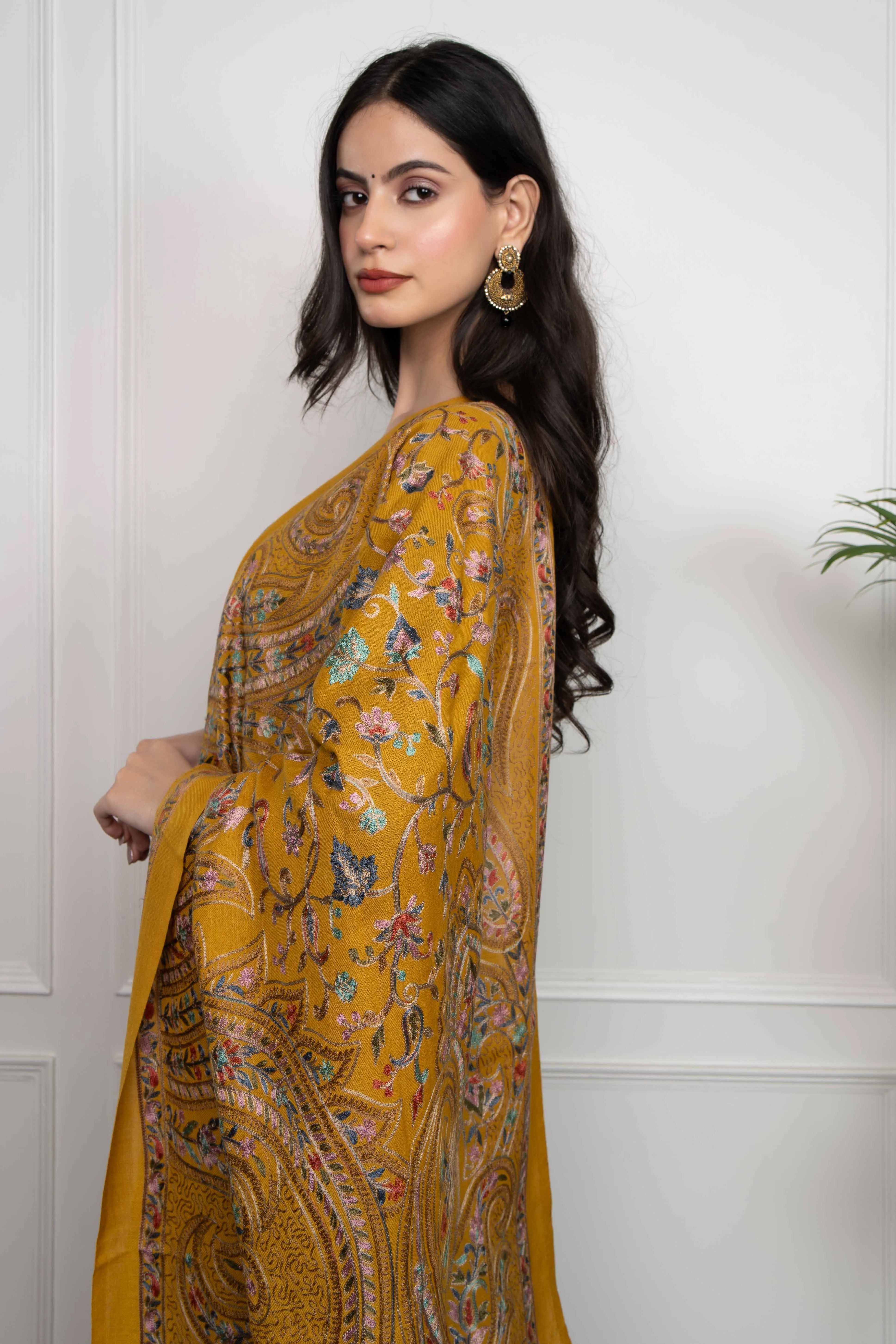 Mustard Allover Ambi Jaal Nalki embroidery Fine Wool Blend Stole
