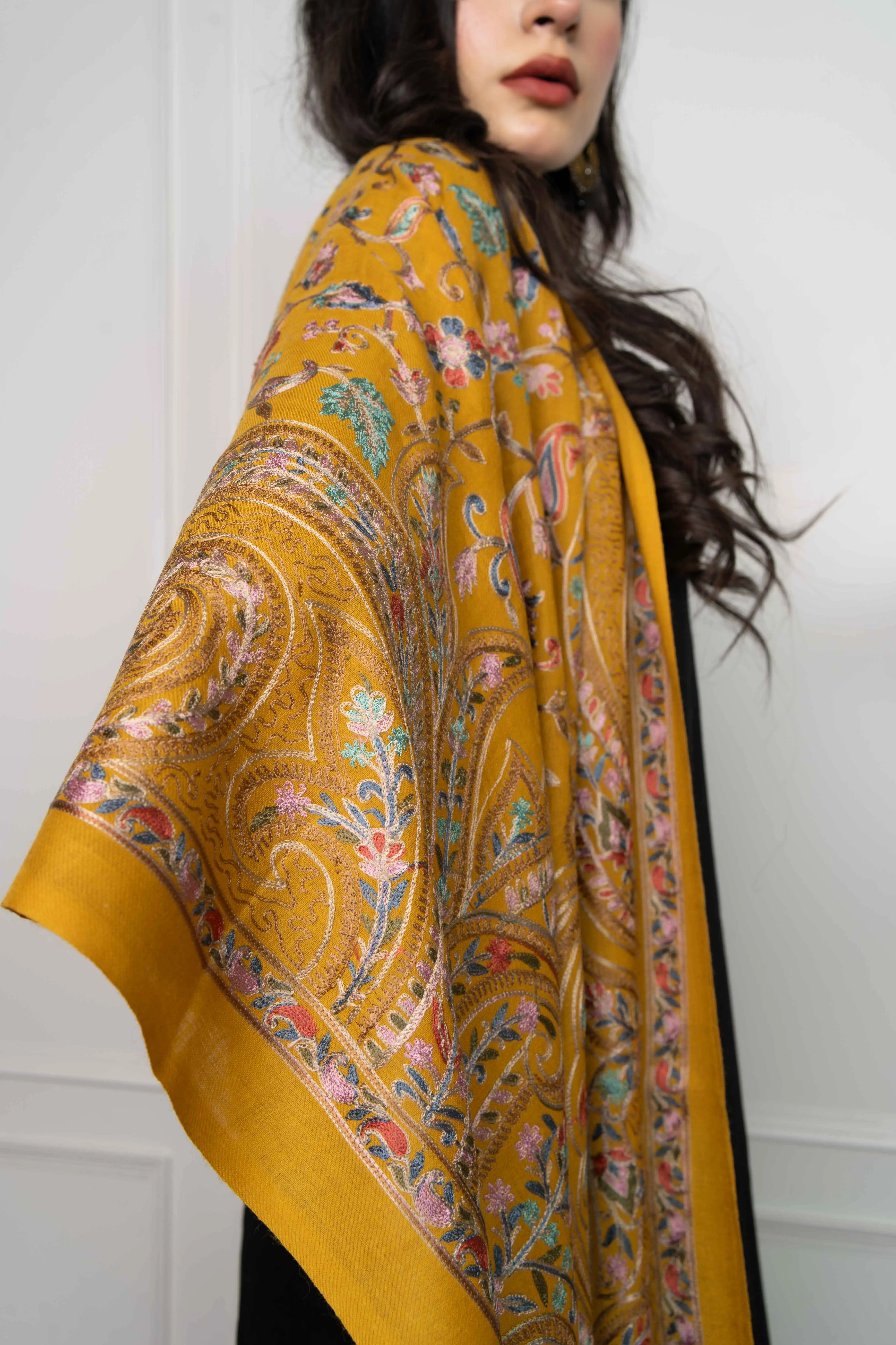 Mustard Allover Ambi Jaal Nalki embroidery Fine Wool Blend Stole