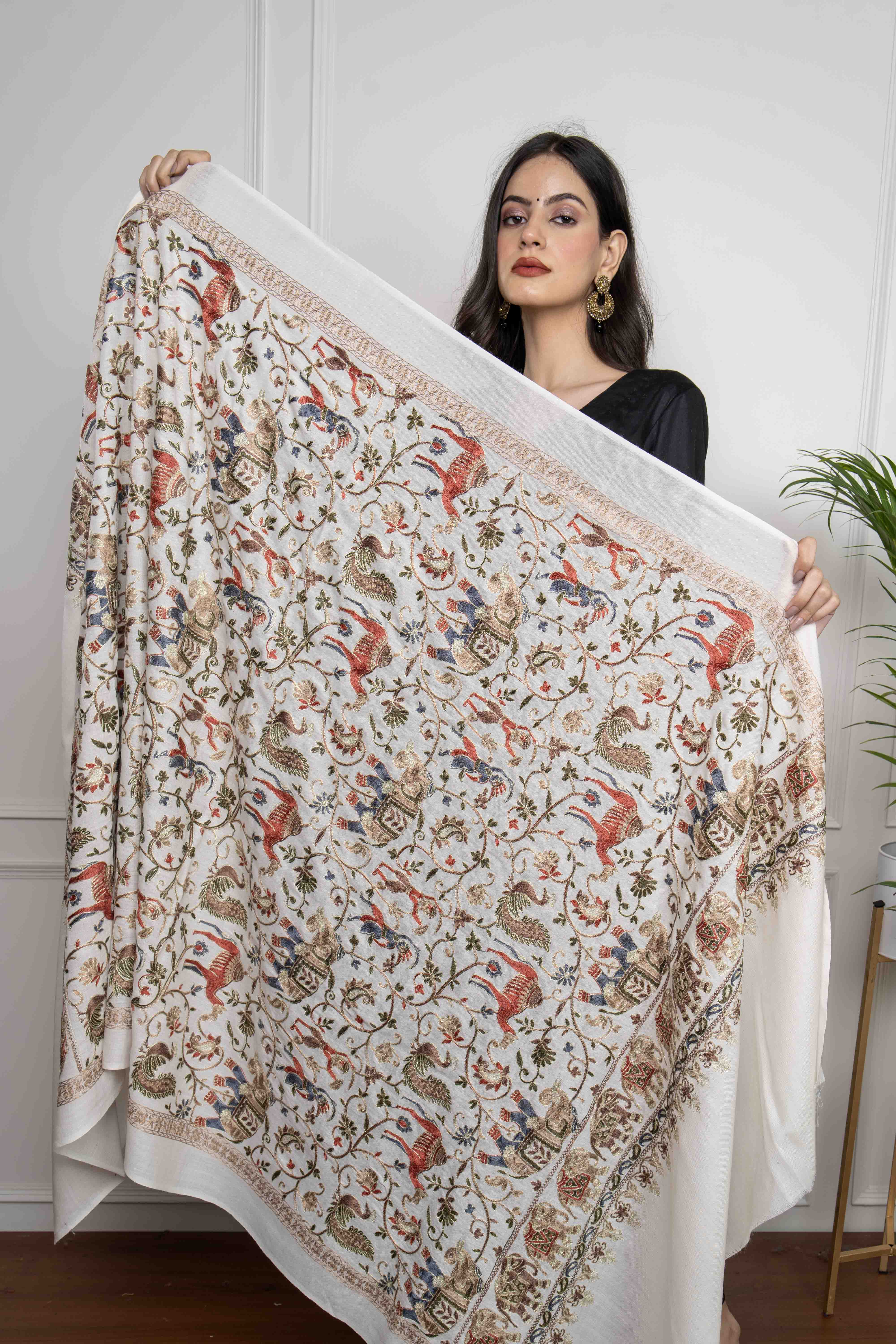 Sadah Women's White Elephant and Peacock Motifs Jaal Nalki embroidery Fine Wool Blend Shawl.